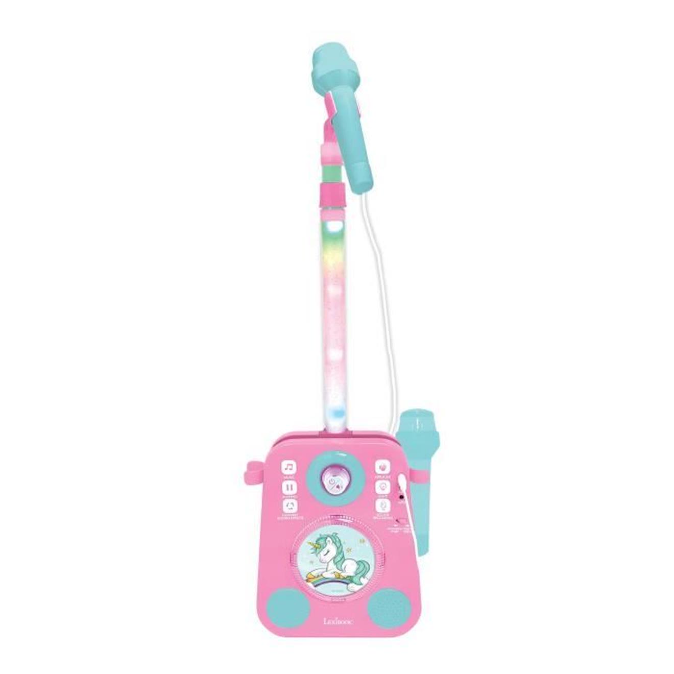 Karaoké Licorne avec deux microphones et effets lumineux et sonores rose