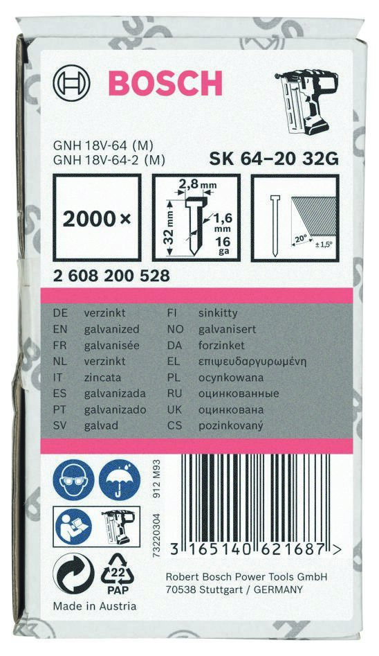 Bosch Blue Zubehör 2608200528 SK64-20 Nagel 1,6 mm verzinkt 32 mm 2000 Stück