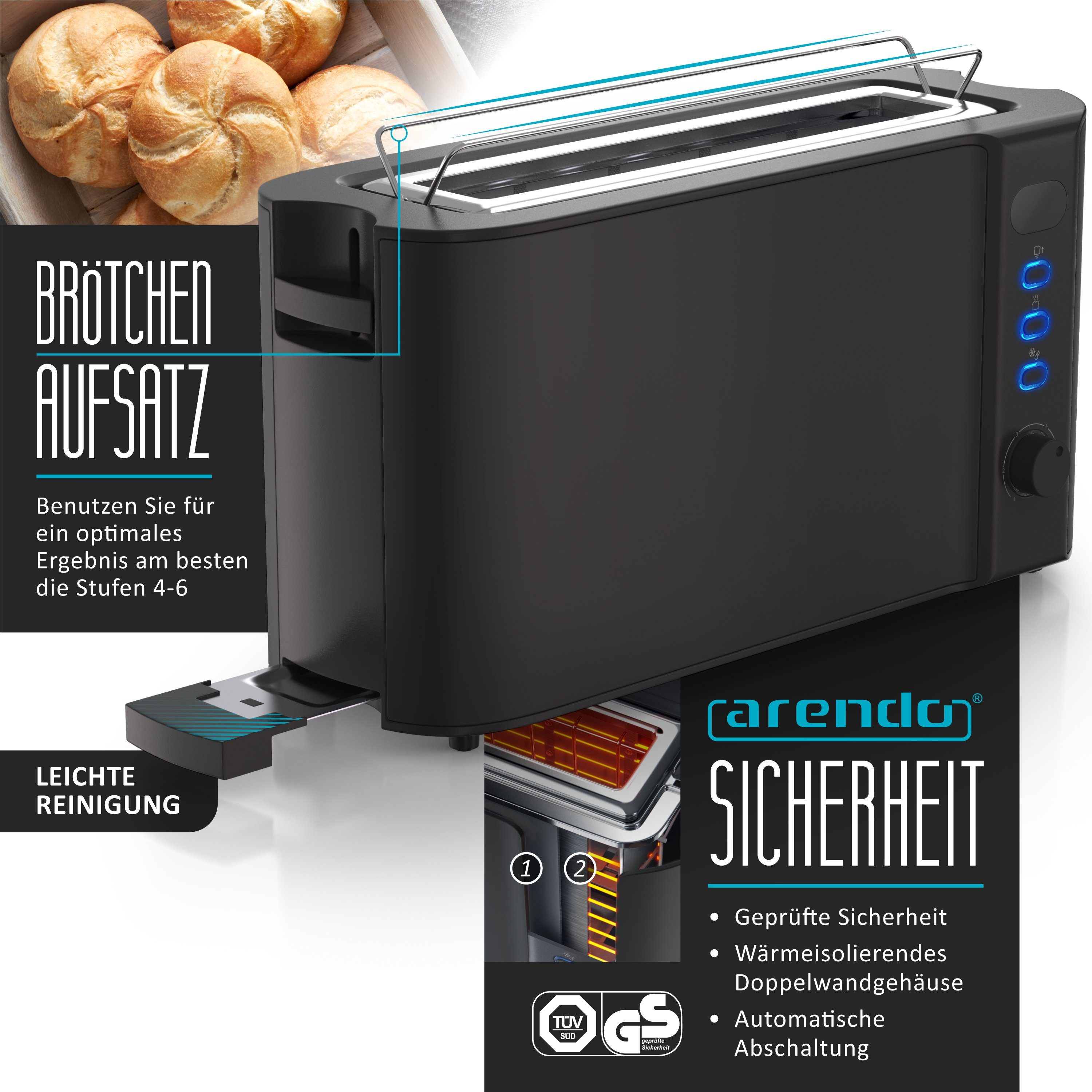 Arendo Frühstücks-Set (3-tlg), Wasserkocher 1,5l, 2-Scheiben Toaster, 6er Eierkocher, Schwarz
