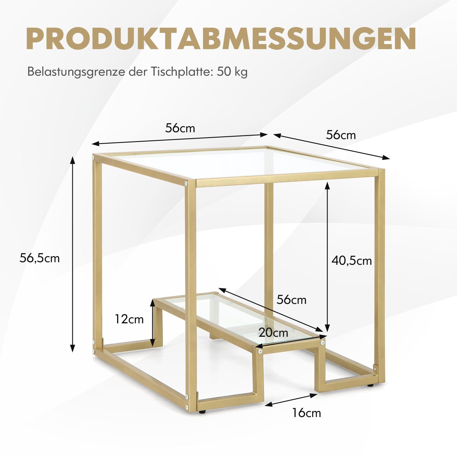 COSTWAY Beistelltisch, Tischplatte aus Glas, Metallrahmen, gold, 56x56x56,5cm
