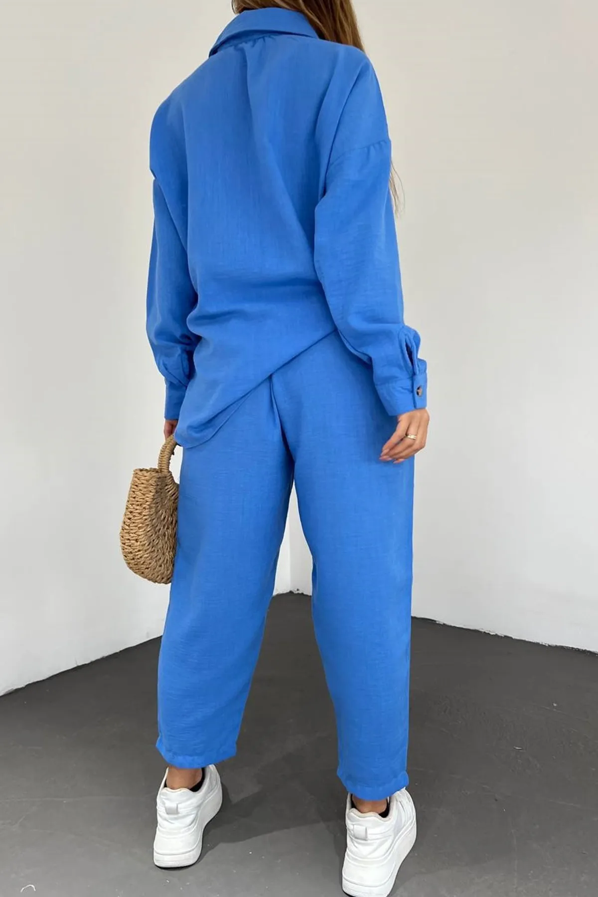 lovebox  Damen-Set aus Hemd und Hose aus Leinenstoff mit Taschendetail, Übergröße, Doppelblau, 10277