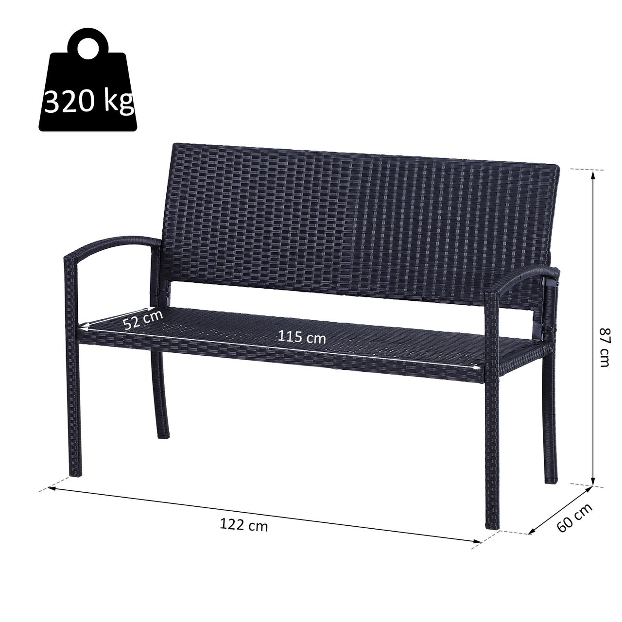 Outsunny Polyrattan Gartenbank Parkbank Sitzbank 2-Sitzer Geflecht Stahl Schwarz B122 x T60 x H87cm