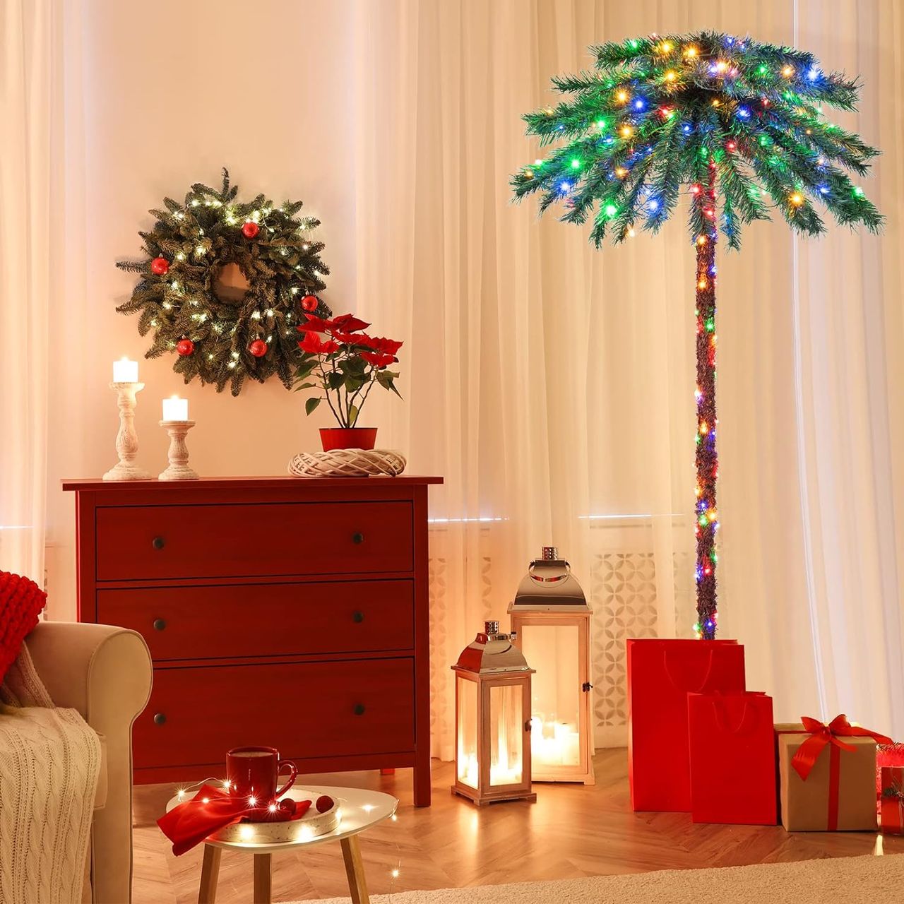 Costway 180 cm Künstliche Palme beleuchtet, Kunstbaum mit 210 vierfarbigen LED-Leuchten