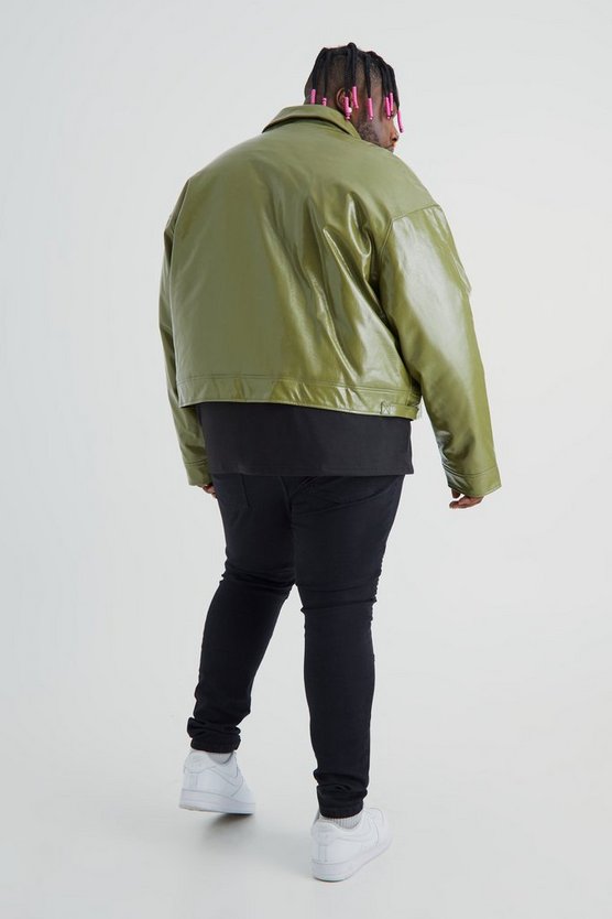 Plus kastige hochglänzende PU Harrington-Jacke