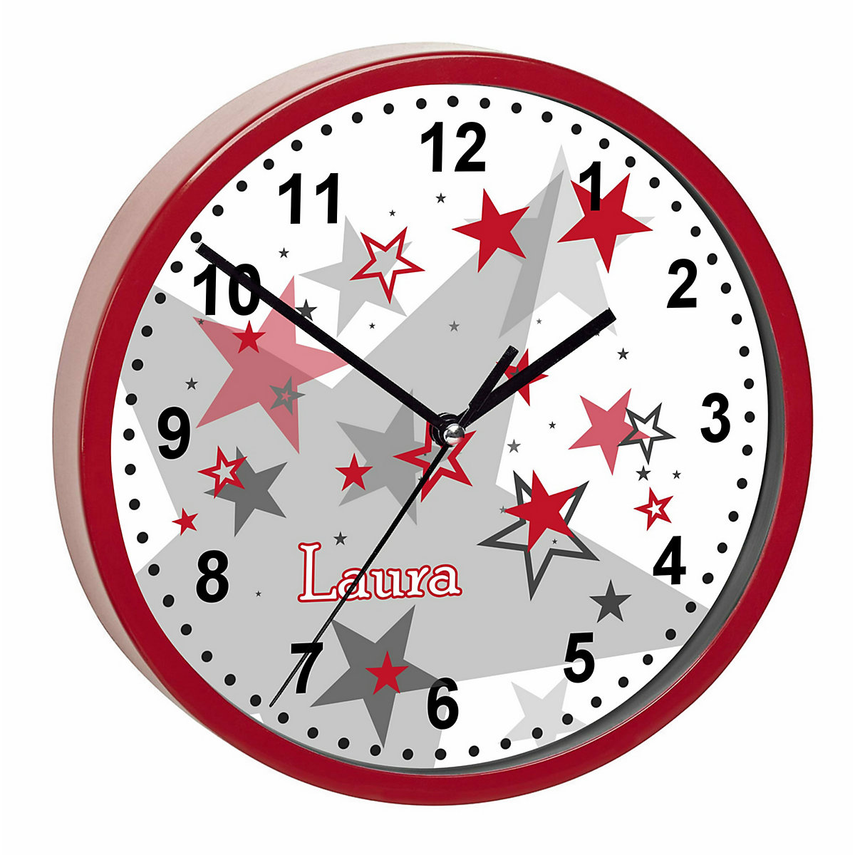 Kinder Wanduhr laufruhig personalisiert mit Name Sternenhimmel Rot Grau