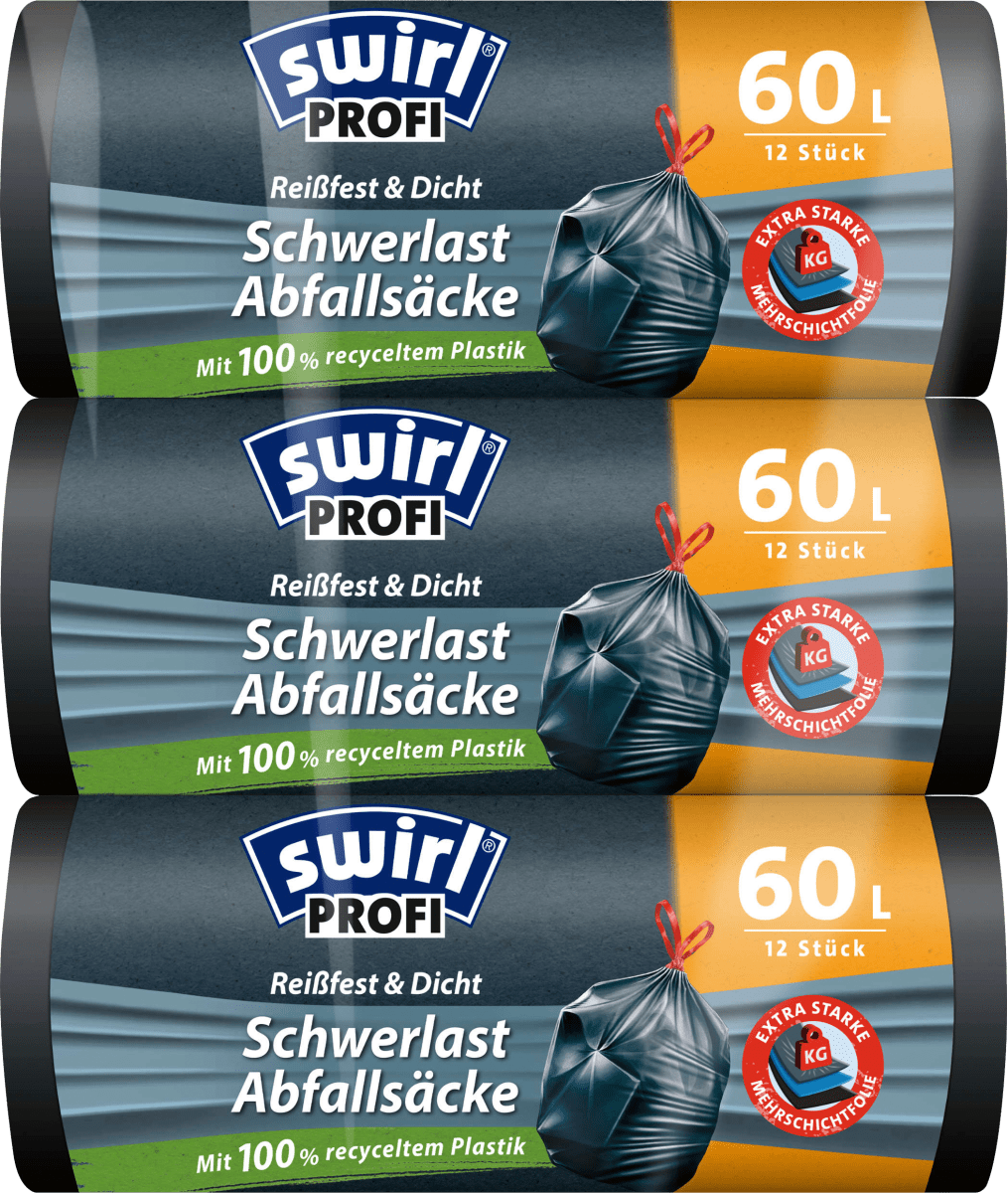 Schwerlast Müllsäcke Profi 60 l (3x12 St) mit 100 % recyceltem Plastik, 36 St
