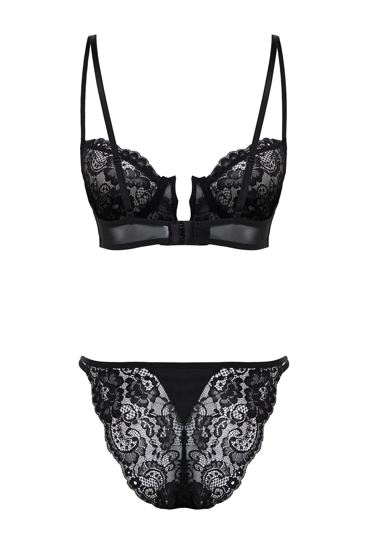 Trendyol Collection  Schwarzes, gestricktes Dessous-Set mit Bügeln und Seilträgern aus Spitze, ohne Besatz THMSS24CC00012
