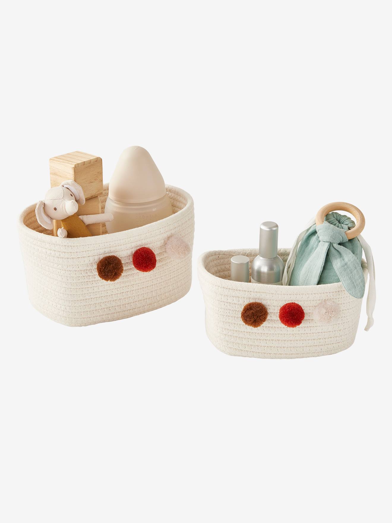 Lot de 2 paniers en corde à pompons beige