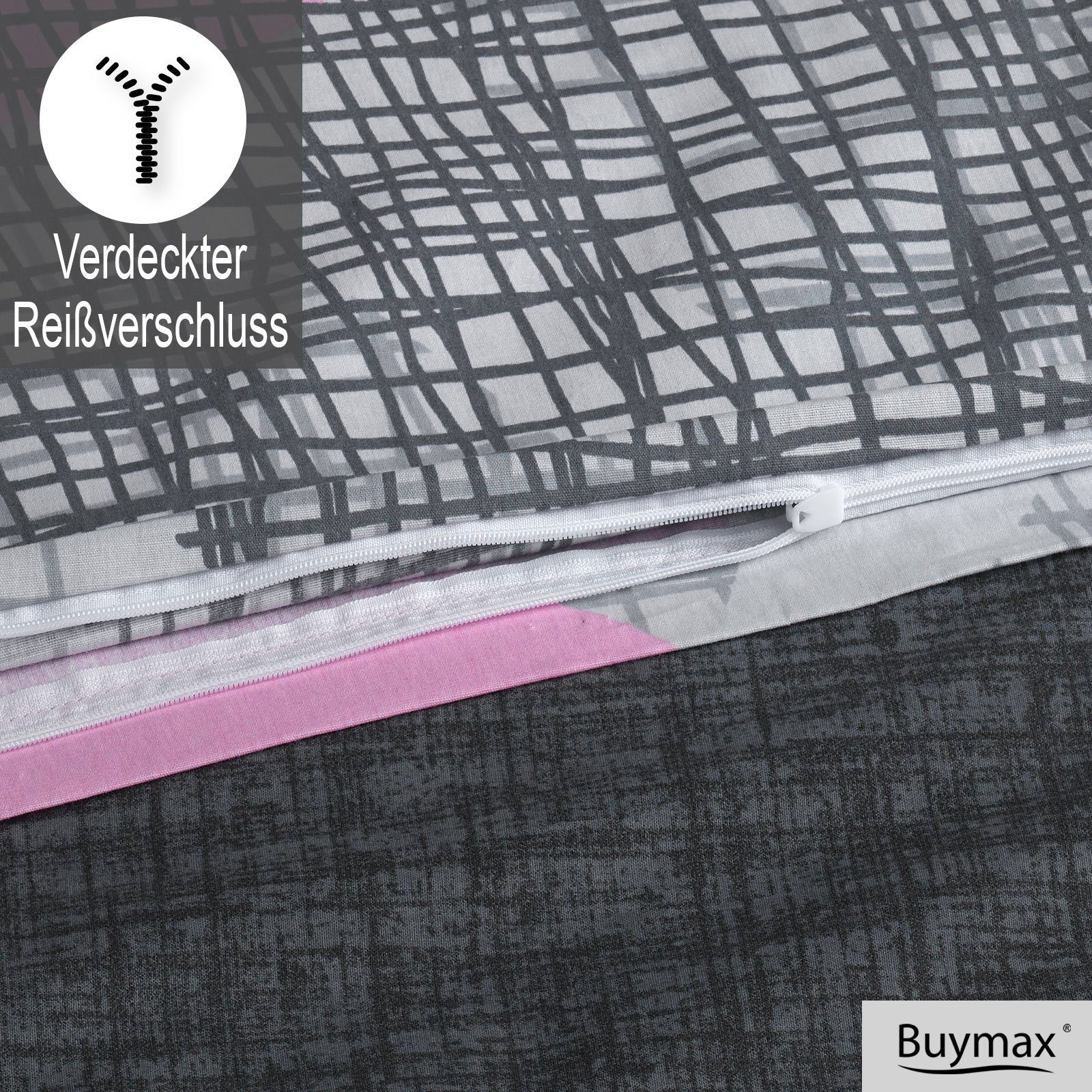 Bettwäsche, Buymax, Renforcé, 2 teilig, 100% Baumwolle Renforce Kissenbezug 80x80 cm mit Reißverschluss Kreise Muster, Grau Rosa
