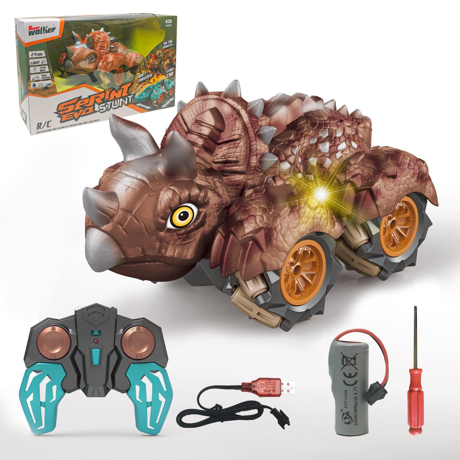 Esun RC-Auto Dinosaurier Auto Spielzeug, Ferngesteuertes Auto ab 3 4 5 6 8 Jahre (Komplettset), 2,4GHz RC Auto Drift Car mit Licht, Triceratops