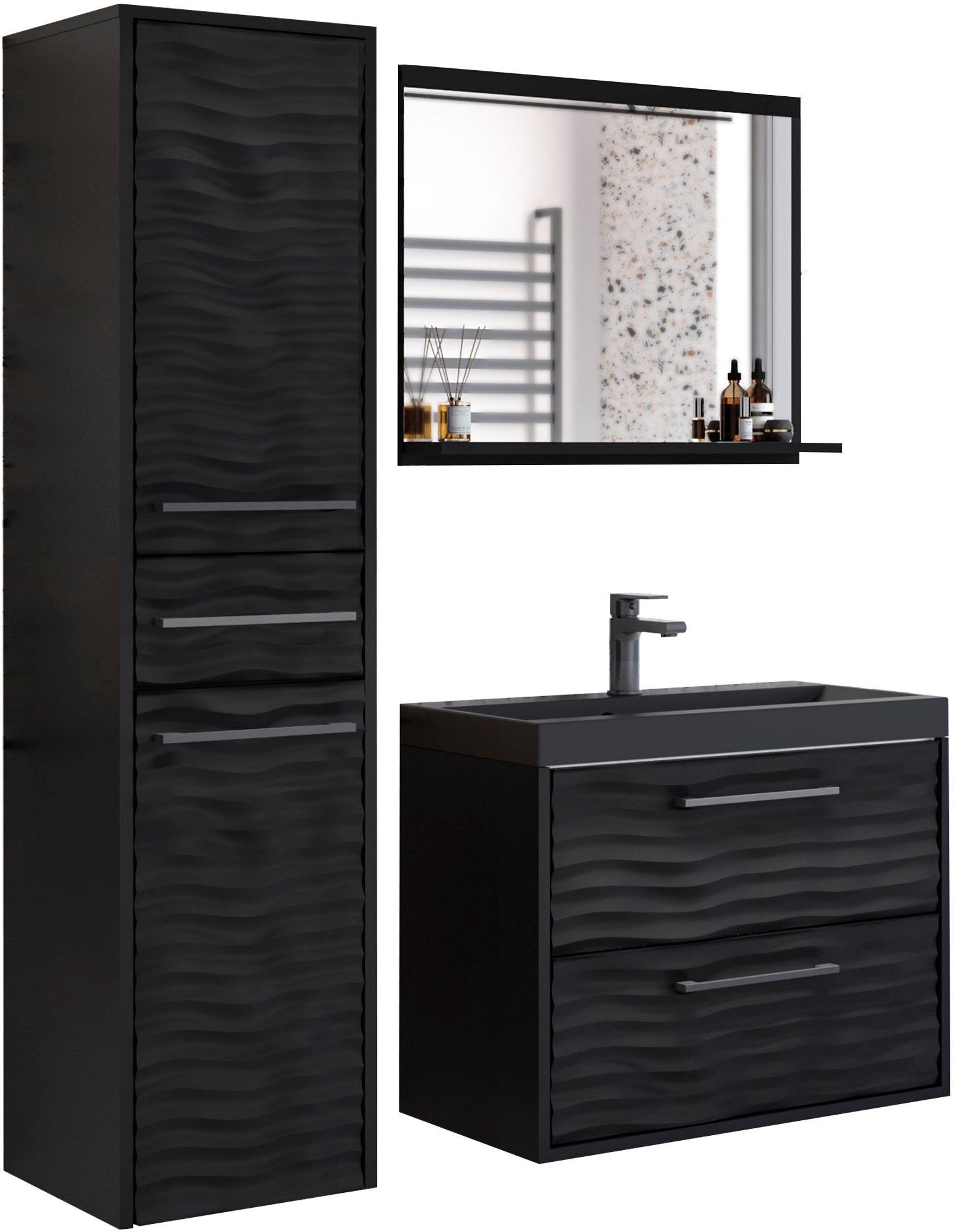 welltime Badmöbel-Set Canada, (Komplett-Set, 3-St., Fronten mit Wellenstruktur), Badmöbel mit Soft-Close, Waschtisch mit Becken, Spiegel und Badschrank