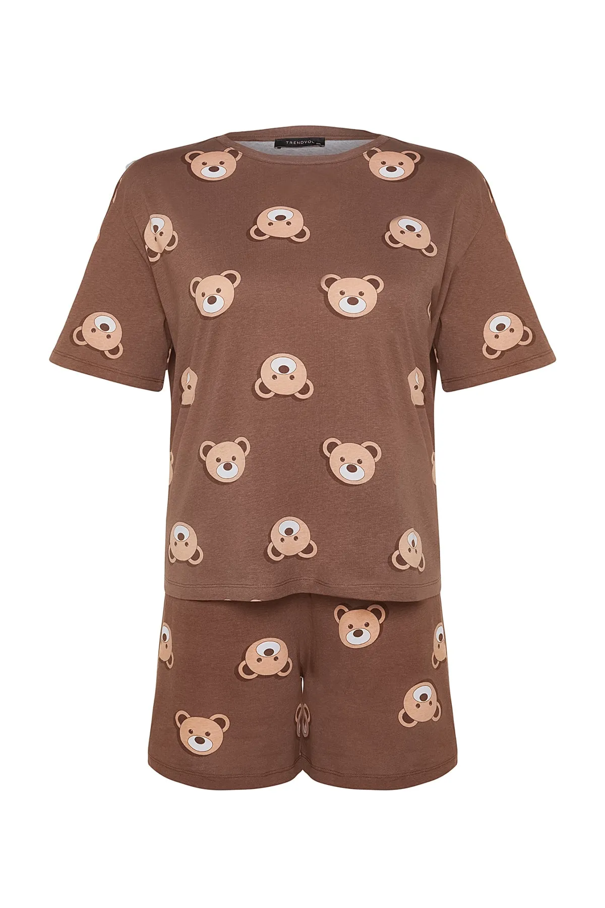 Trendyol Curve  Braunes Pyjama-Set aus Baumwollstrick mit Teddybär-Aufdruck TBBSS23AI00022