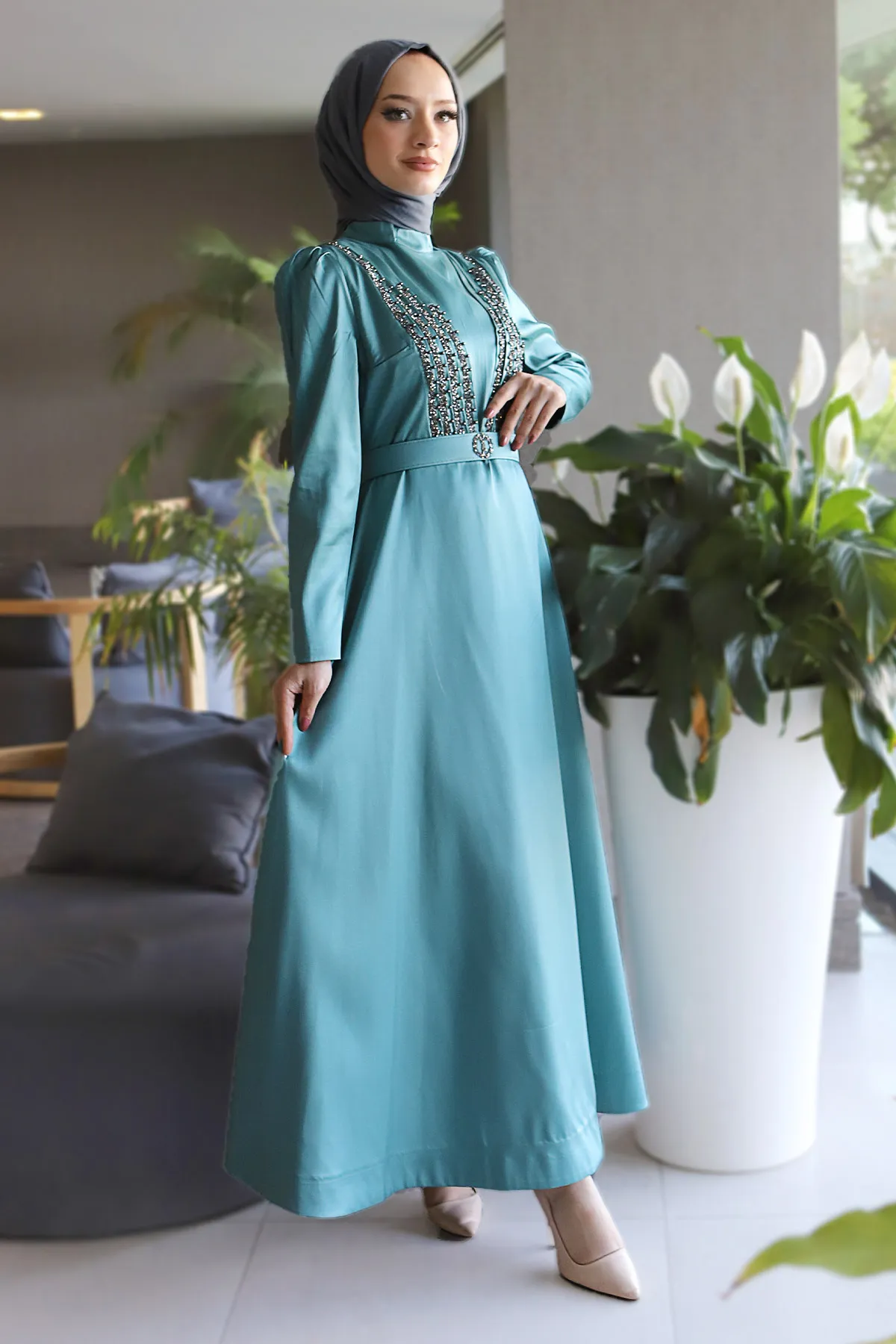 Tesettür Dünyası  Gürteldetailliertes Abendkleid Tsd220543 Mintgrün