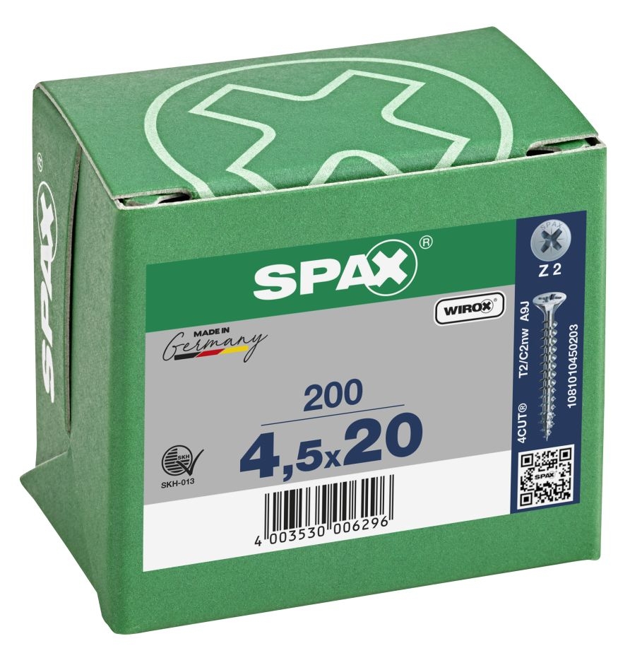 SPAX 1081010450203 Универзални вијак 4,5 x 20 мм, Пуни навој, Упуштена глава, Крстасти навој Z2 - 200 комада