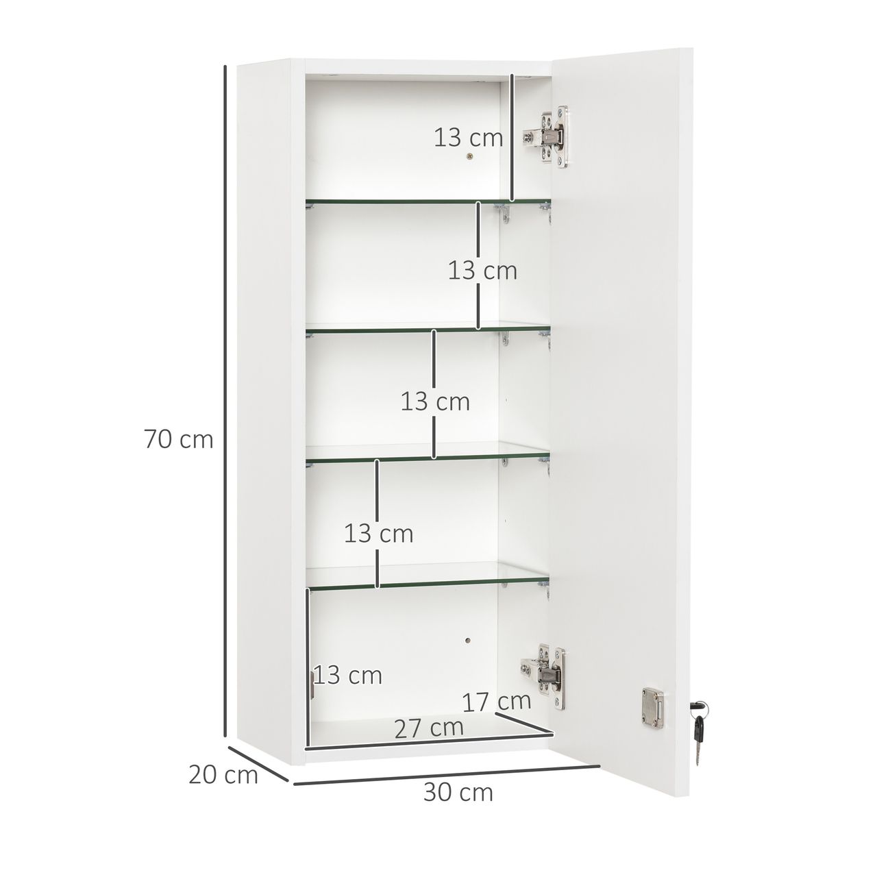 kleankin Medizinschrank Arzneischrank Wandschrank Hängeschrank mit verstellbarer Ablage Erste-Hilfe-Kreuz abschließbar für Badezimmer Küche Flur Weiß 30x20x70 cm