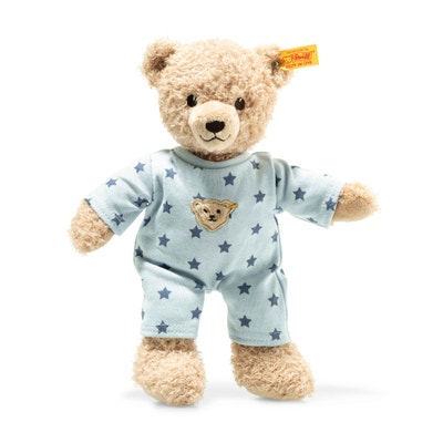 Teddybär Junge Baby mit Schlafanzug, 25 cm, hellblau