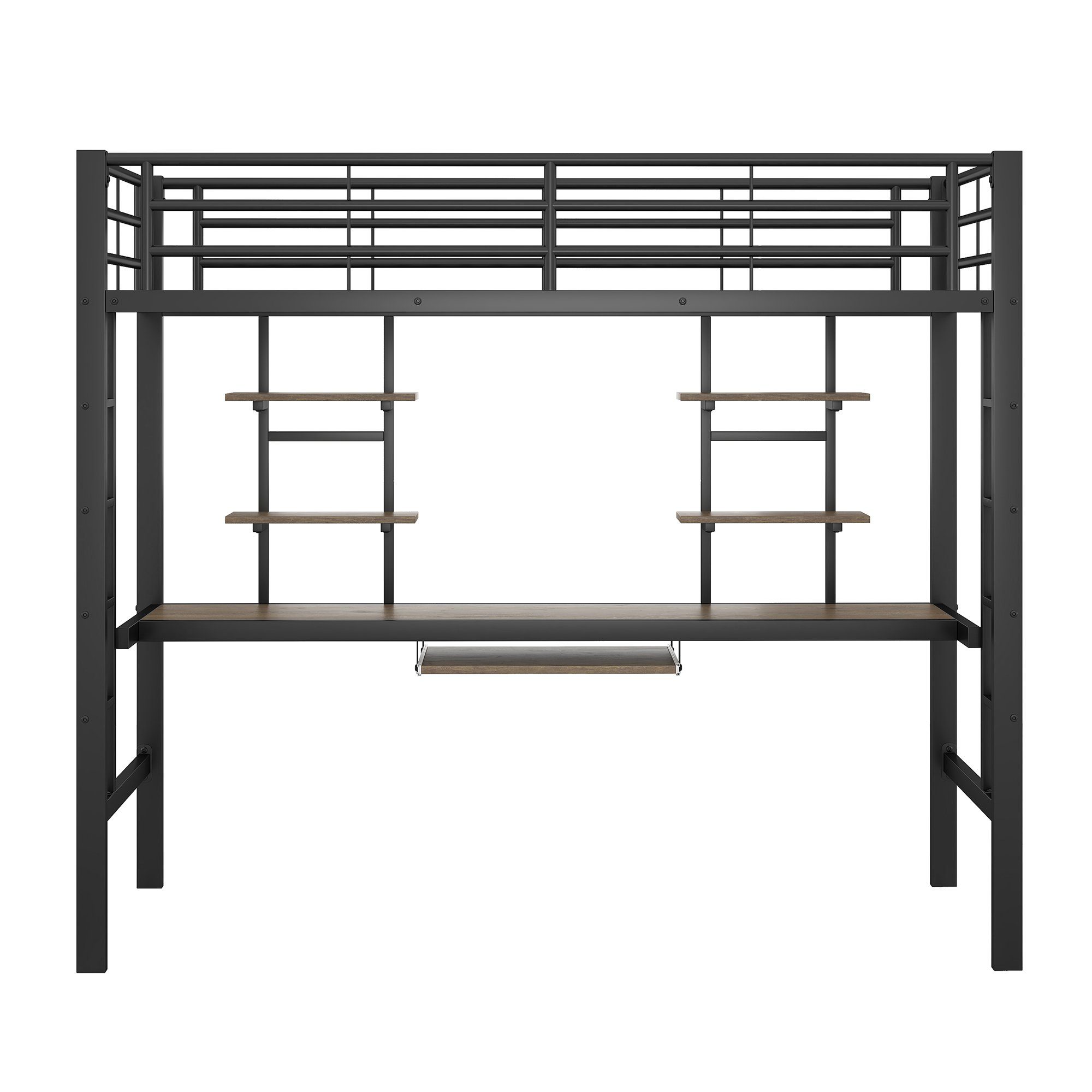 Ulife Hochbett Schwarz Metallbett mit Schreibtisch und 2 Bücherregalen ohne Stuhl 90x200cm