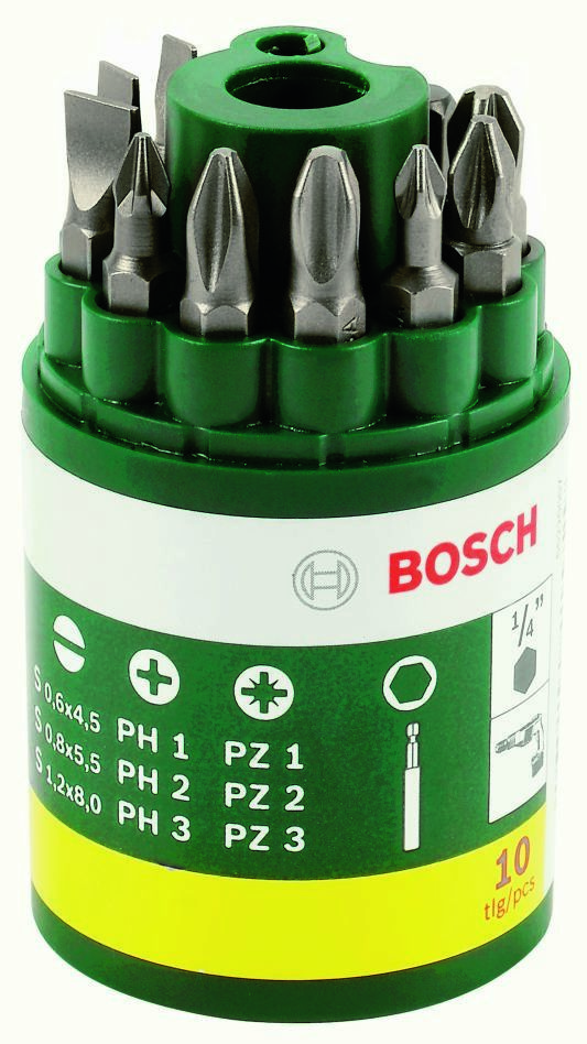Accessoires verts Bosch 2607019454 Coffret de 10 embouts de tournevis L = 25 mm PH 1/2/3 PZ 1/2/3 SL 4,5/5,5/8