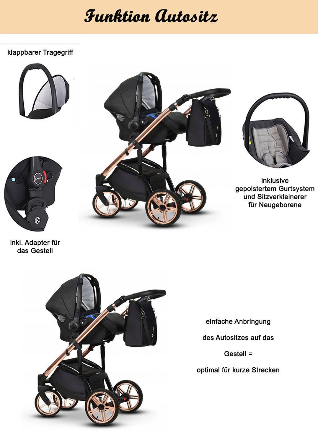 babies-on-wheels Kombi-Kinderwagen 3 in 1 Kinderwagen-Set Vip Lux - 12 Teile - in 16 Farben