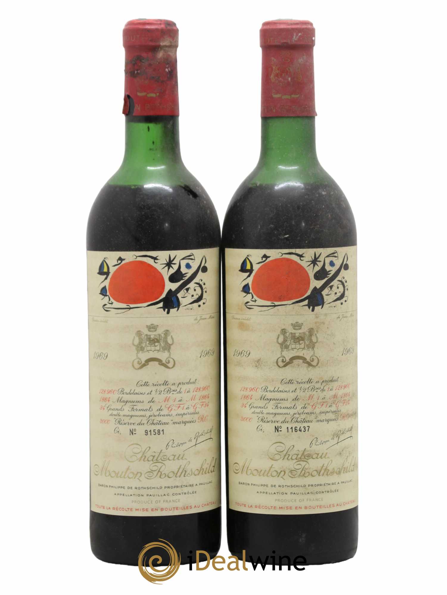 Château Mouton Rothschild 1er Grand Cru Classé  1969 - Lot de 2 Bouteilles