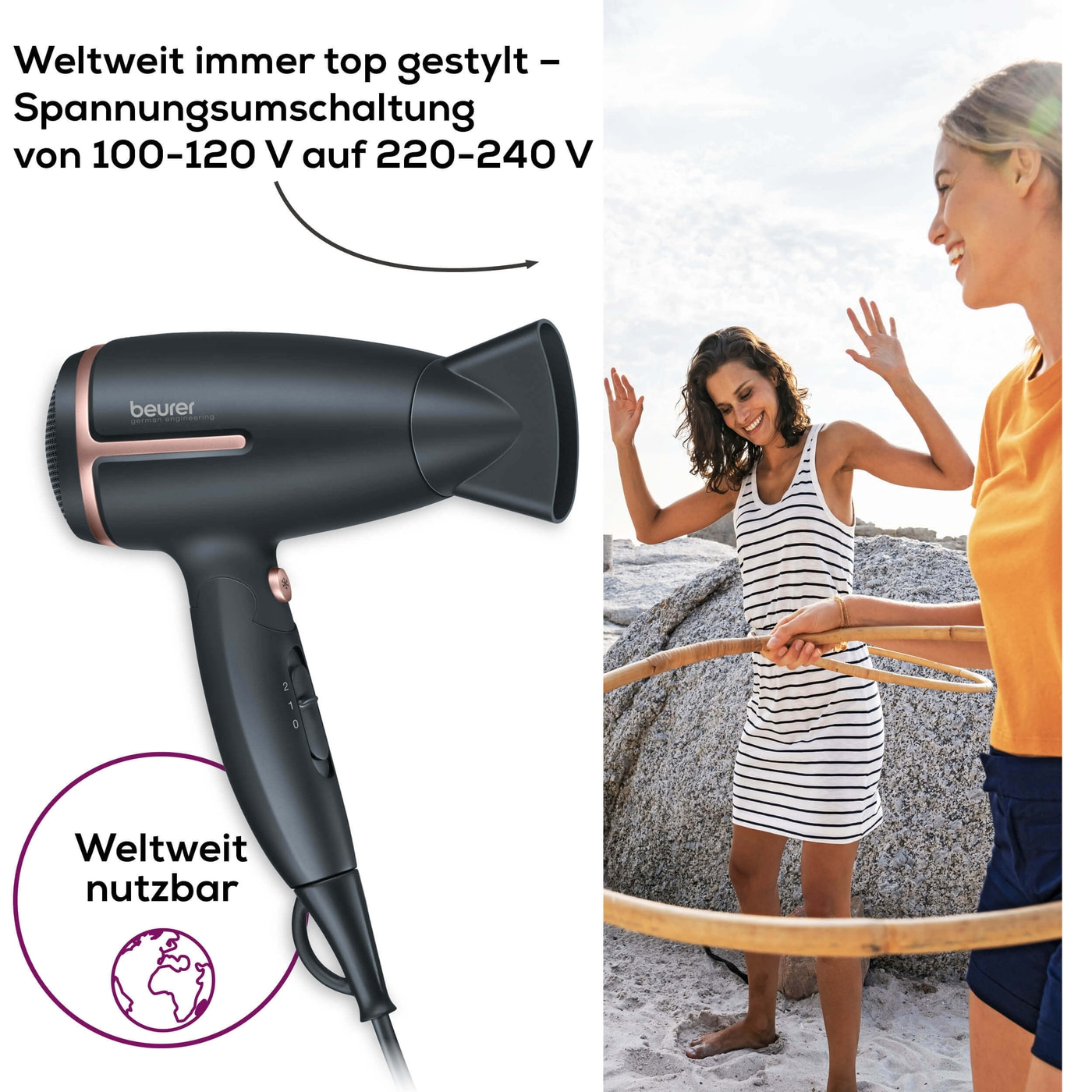 Beurer Reisehaartrockner - HC 25-Klappbarer Reiseföhn mit Ionen-Technologie & Spannungsumschaltung