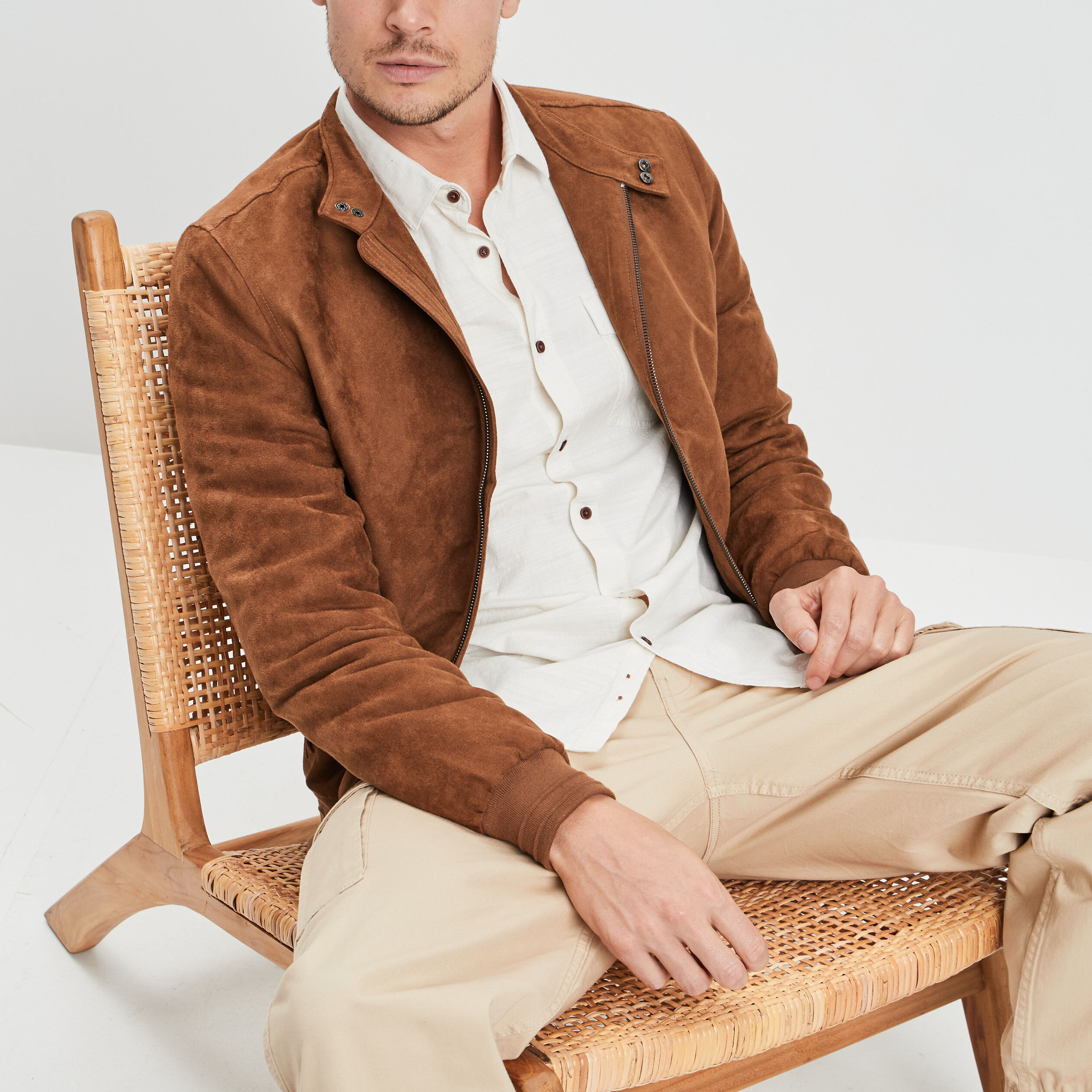 Blouson droit zippé aspect suédine camel homme | La Halle