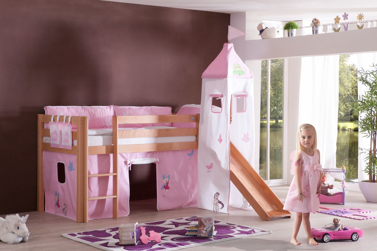 Relita Halbhohes Spielbett ALEX mit Rutsche/Turm Buche massiv natur lackiert mit Stoffset Princess
