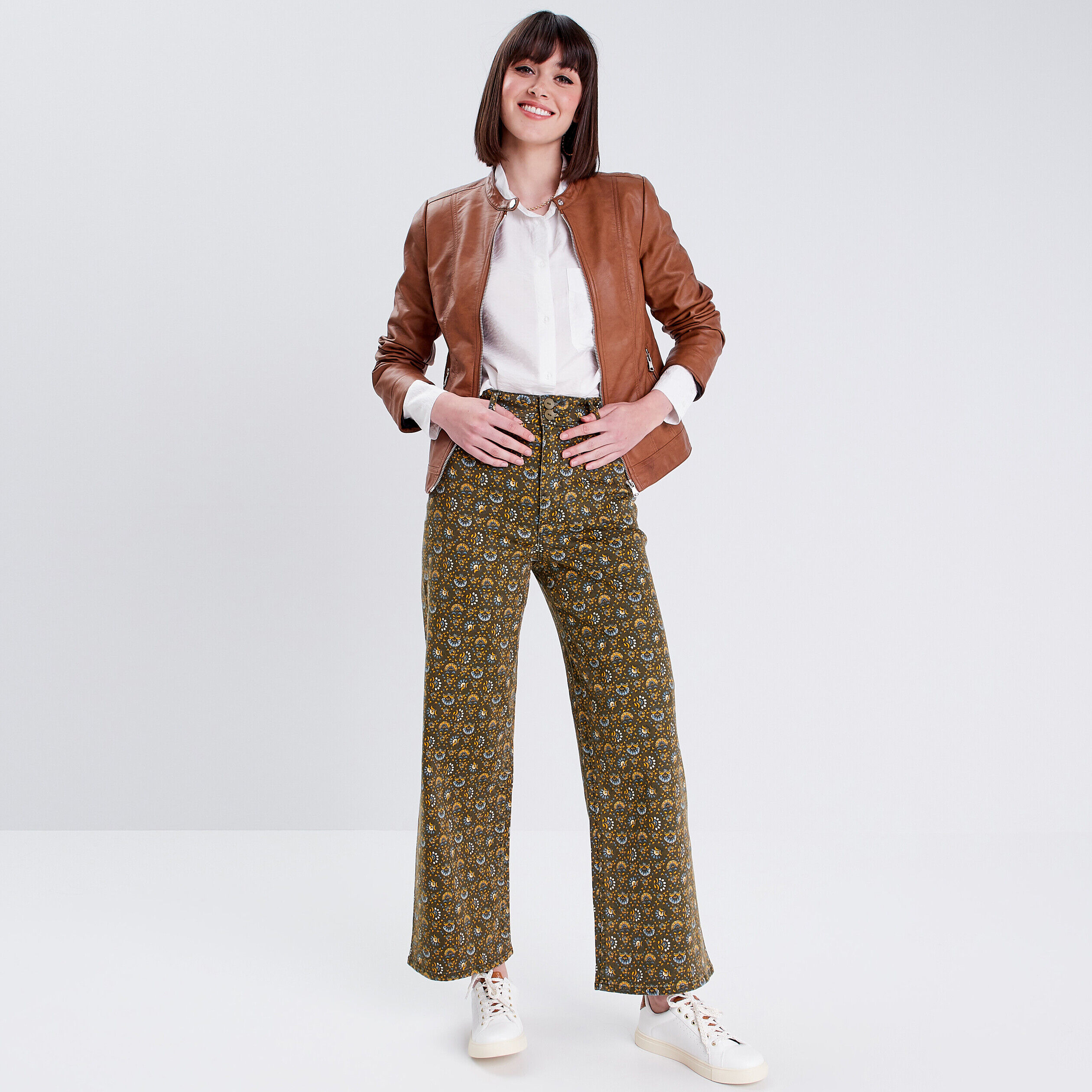 Jeans wide leg taille haute vert kaki femme | Cache Cache