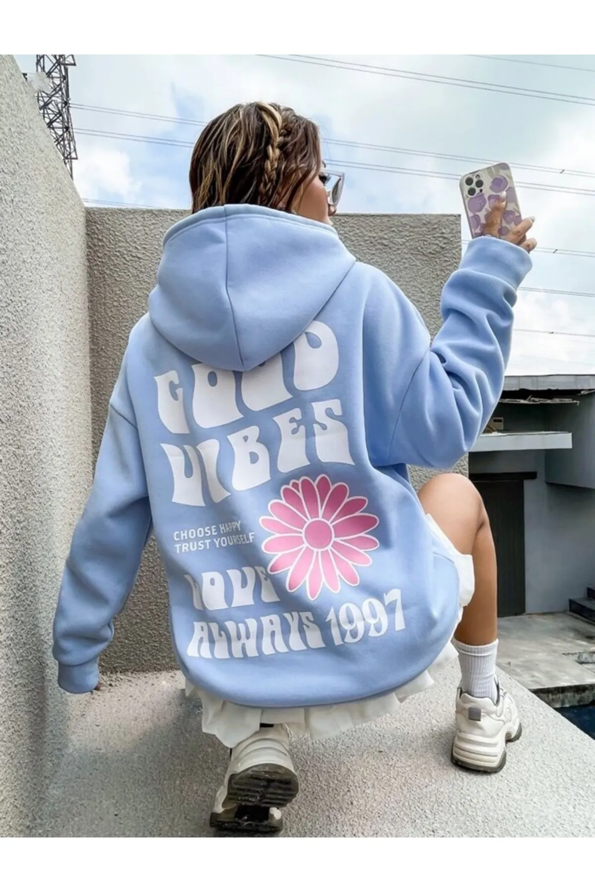 Know  Babyblaues Good Vibes 1997-Kapuzenpullover mit Aufdruck für Damen