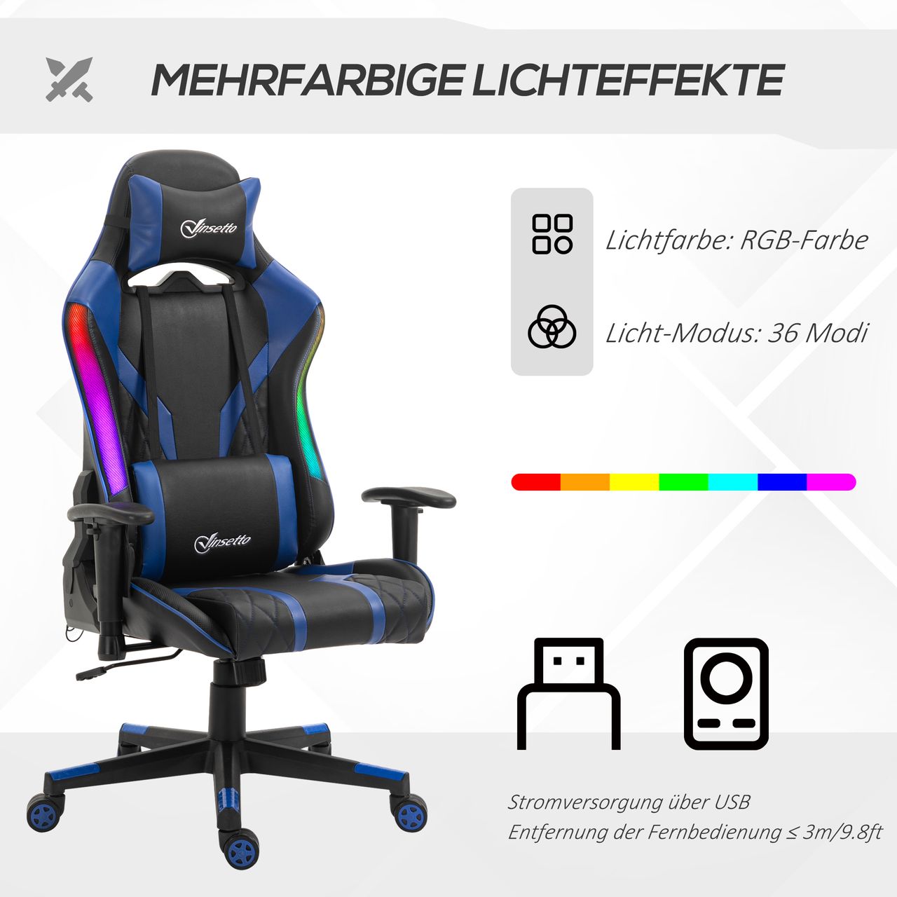 Vinsetto Bürostuhl LED Gaming Stuhl ergonomischer Drehstuhl mit Liegefunktion Handlauf anhebbar Schaumstoff Kunstleder Nylon Schwarz Blau 70 x 57,5 x 126-136 cm