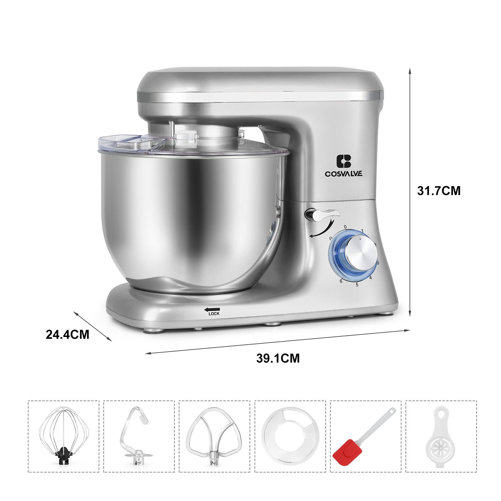 Powerwill Küchenmaschine Multifunktions-Küchenmaschine Knetmaschine mit 7L Schüssel, 1400,00 W, mit Schneebesen, Rührbesen und Knethaken Silber
