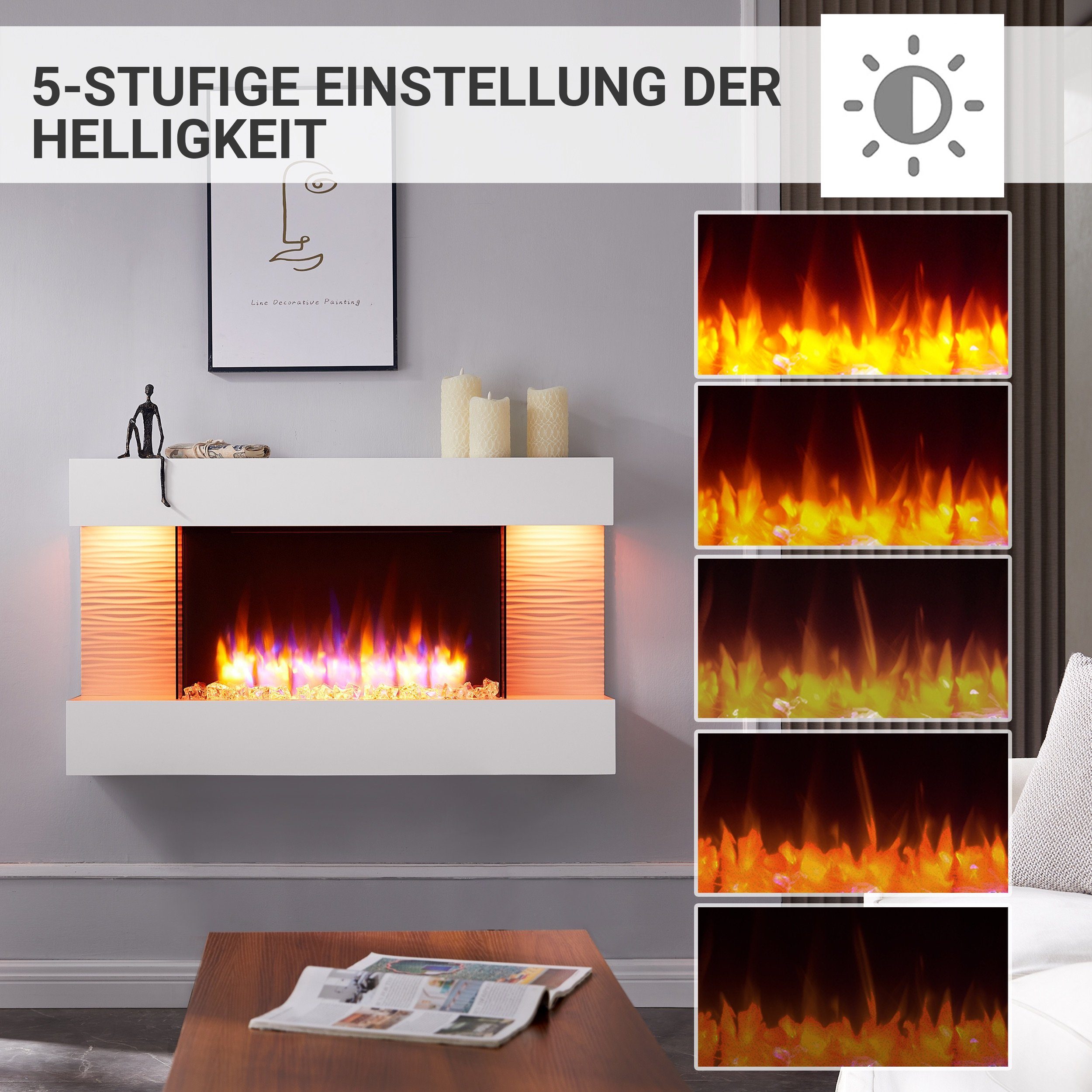 RICHEN Elektrokamin Elis, Wandkamin mit Heizung 2000W, 3D-Flammeneffekt, LED-Beleuchtungs, Fernbedienung, Timer, Thermostat