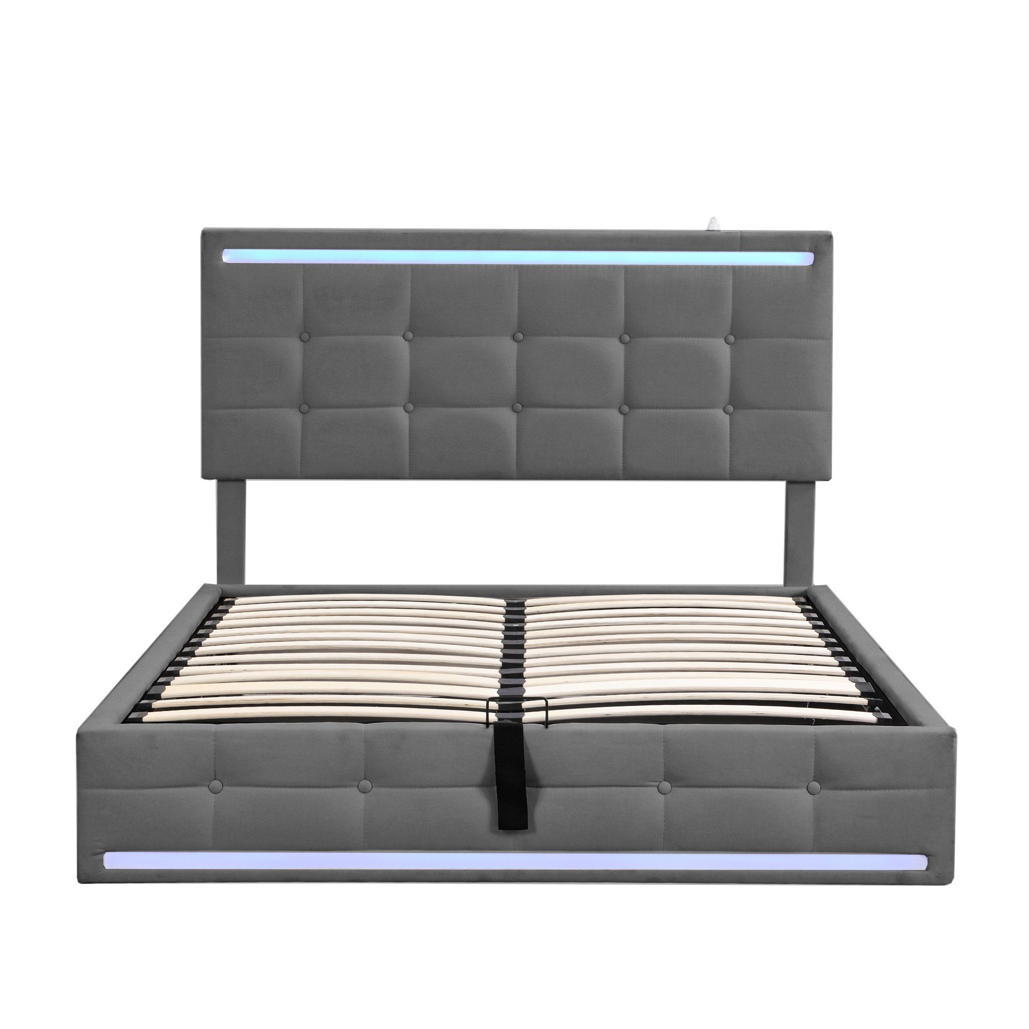 Flieks Polsterbett, LED Doppelbett Stauraumbett 2 USB-Anschluss 140x200cm Leinen