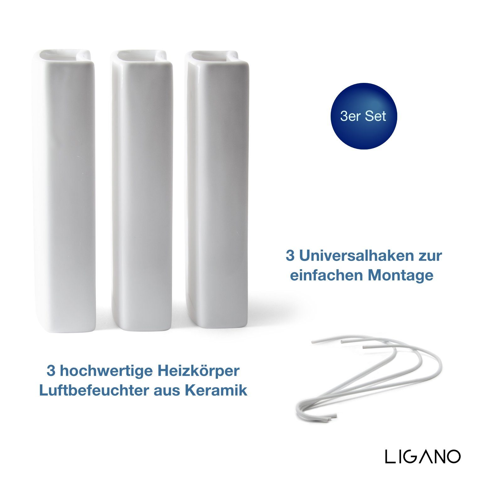 Ligano Luftbefeuchter für Heizkörper 3er Set, Keramik Wasserverdunster für die Heizung, 0,40 l Wassertank, Hohe Keramik-Qualität und sichere Versandverpackung