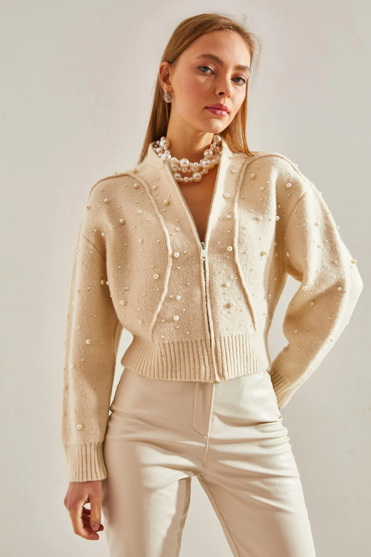 Bianco Lucci  Damen-Strickjacke mit Perlenstein-Stickerei