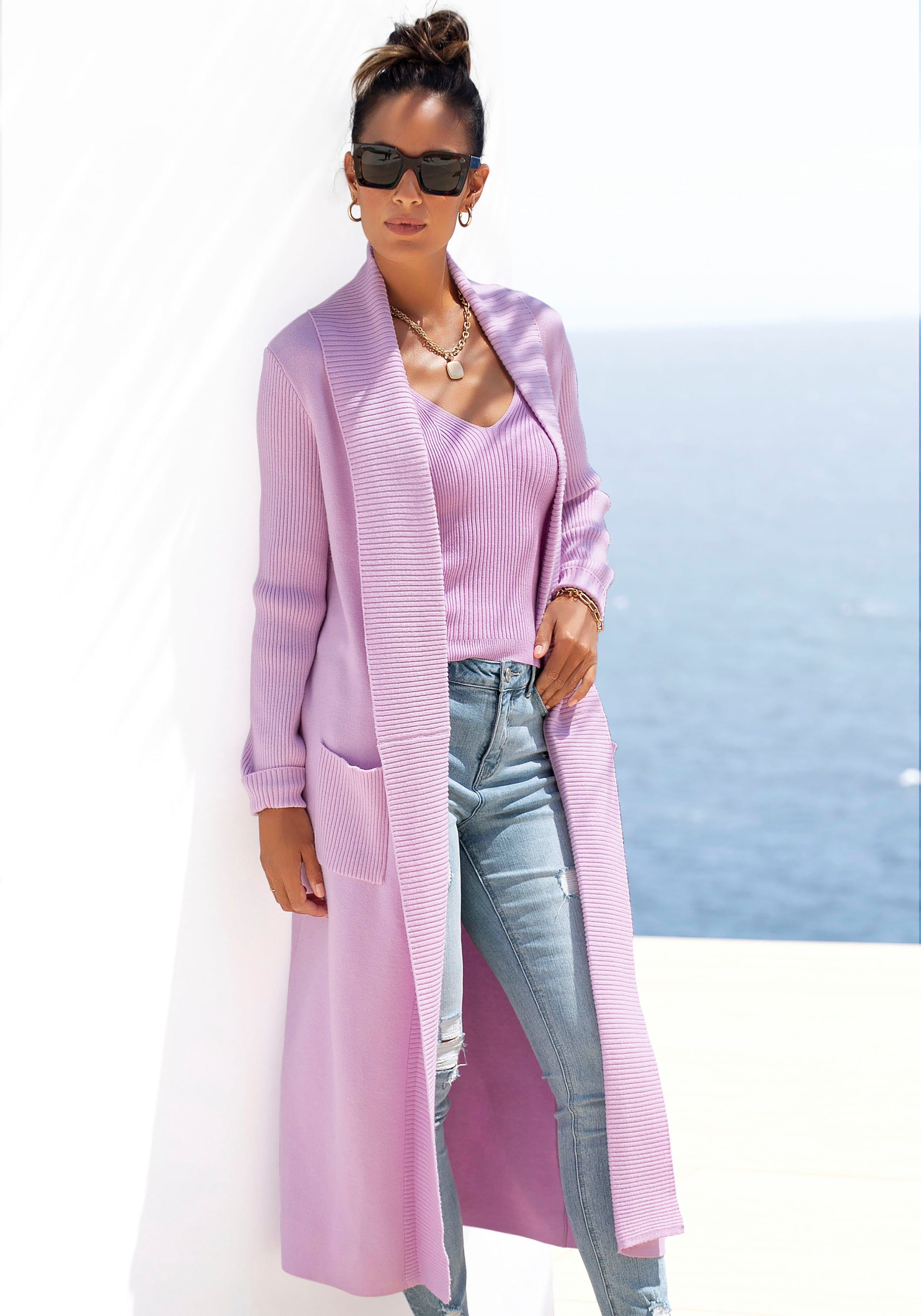 LASCANA Longstrickjacke mit Rippstrickdetails