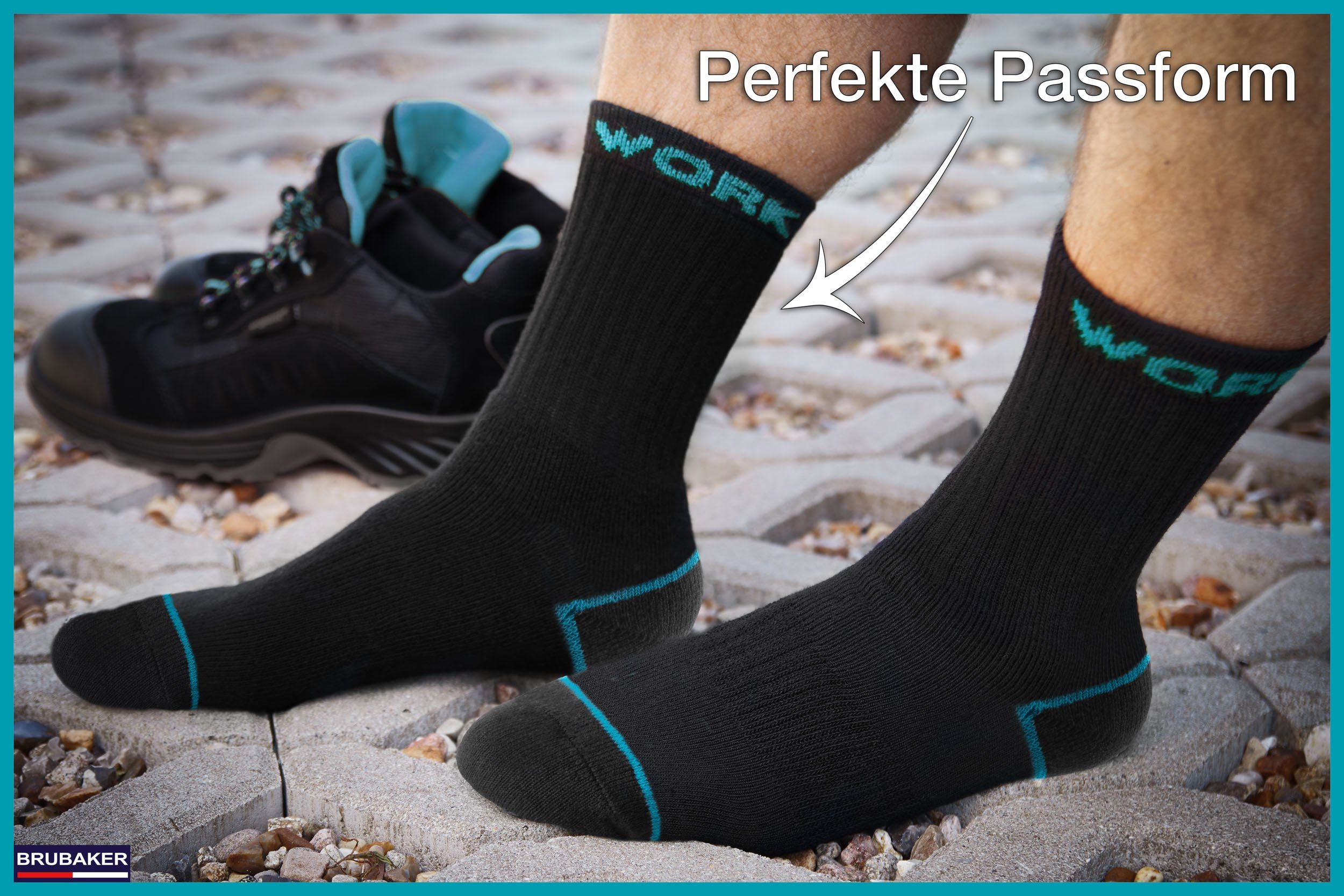 BRUBAKER Arbeitssocken für Herren - 10 oder 20 Paar Work Socken - Schwarz Türkis (Verstärkter Fersen und Zehenbereich, 10-Paar, Work Socks Arbeitssocken aus Baumwolle) Robuste Funktionssocken für optimalen Halt auf der Arbeit
