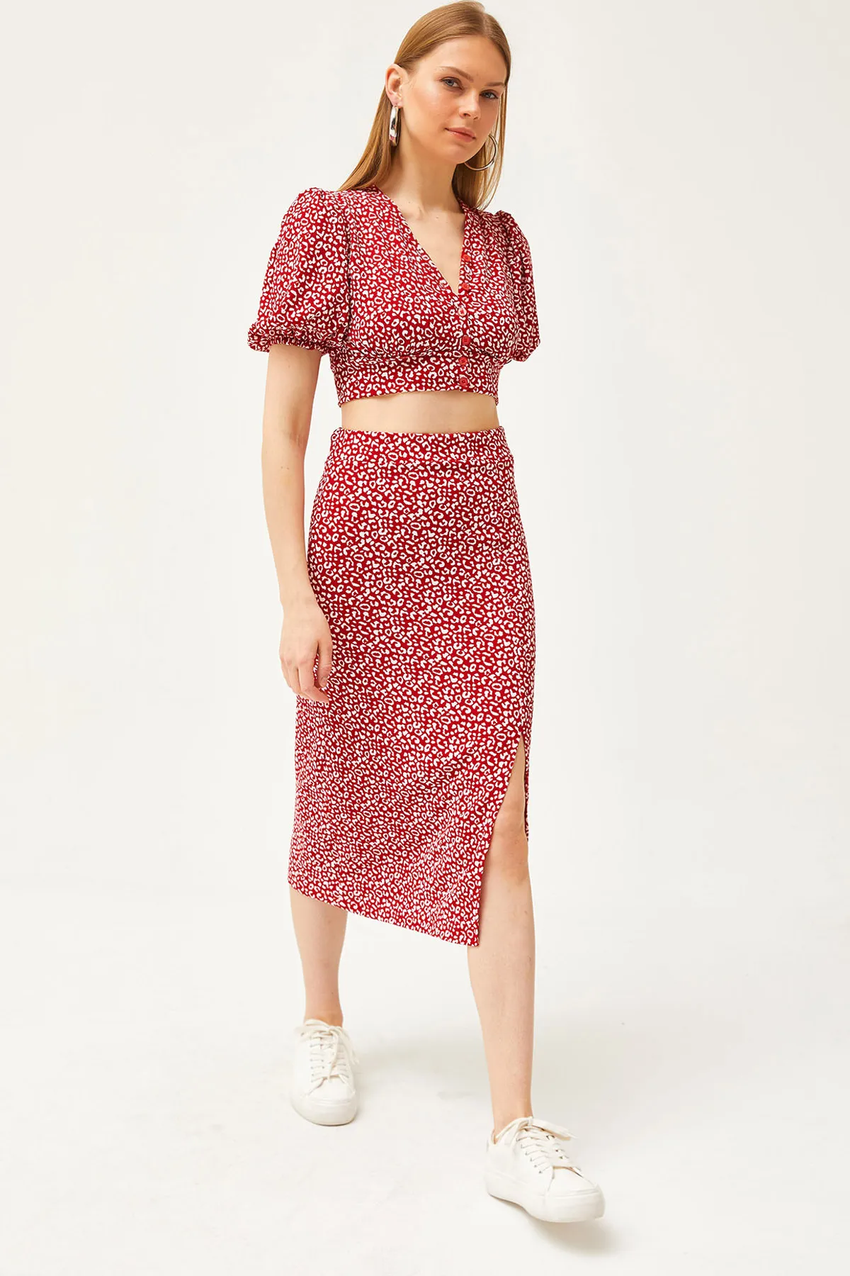 Olalook  Rotes Damen-Set mit Oberteil, Bluse und Schlitz, TKM-19000263