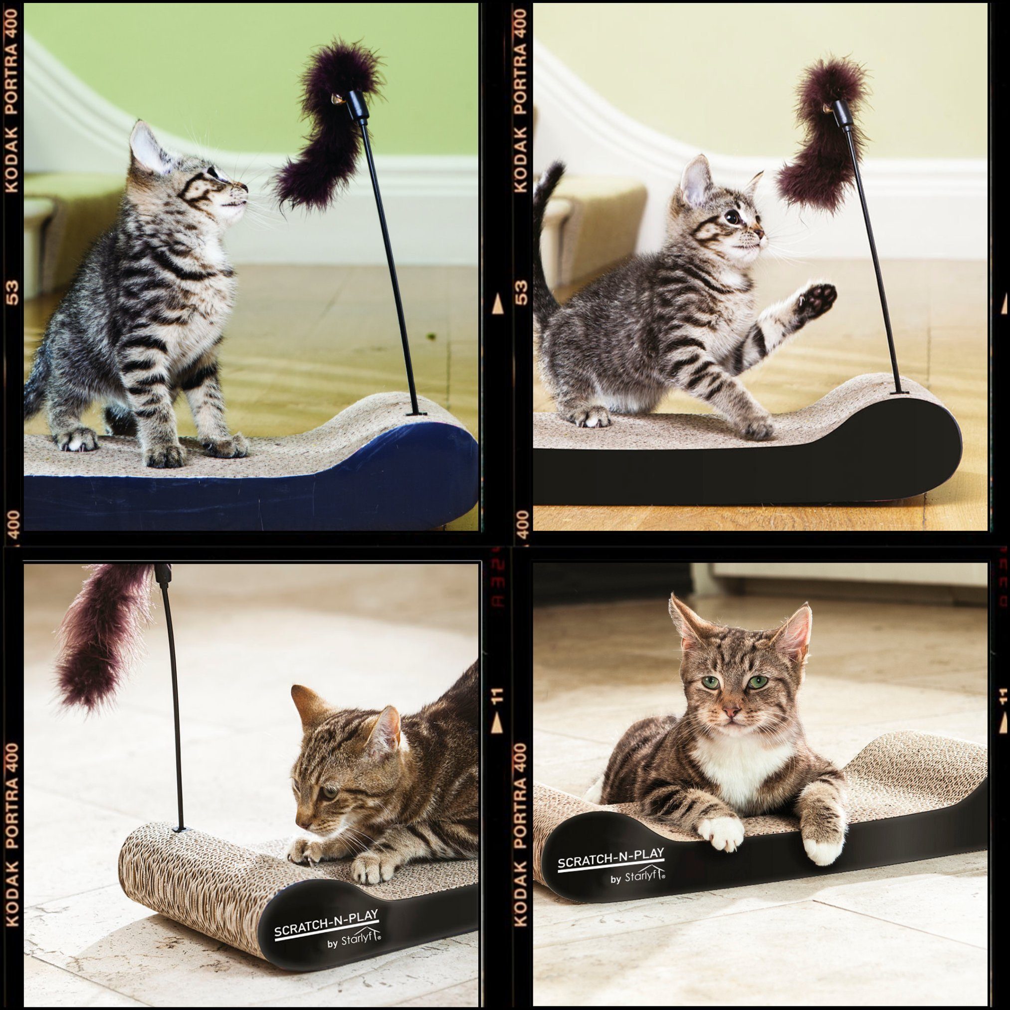 Starlyf Kratzpappe Cat Scratch N Play, (Spar Set, 1-tlg., 1er, 2er oder 4er Pack), Kratzmatte aus Pappe, umweltfreundlich, langlebig, mit Feder