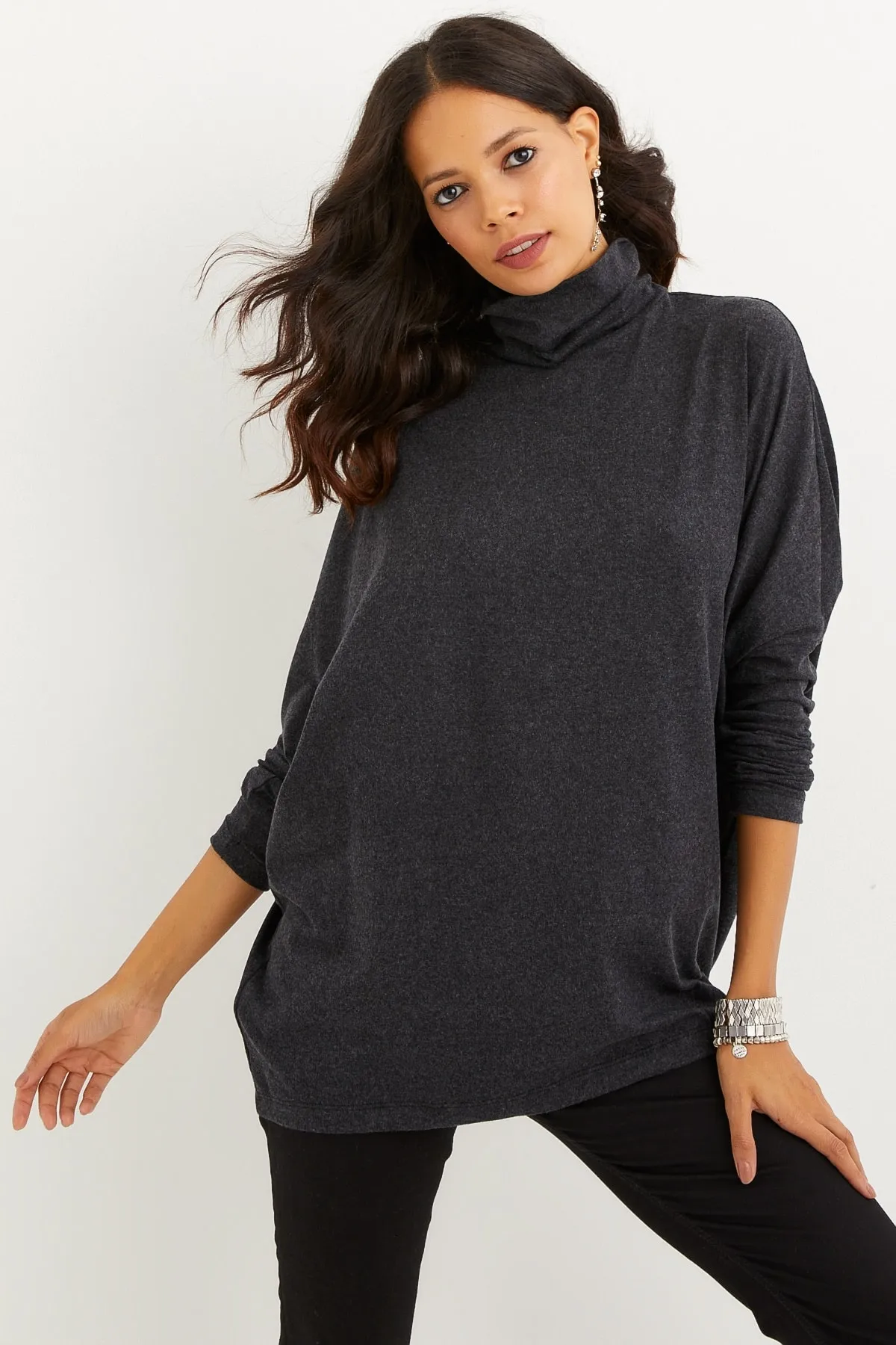 Cool & Sexy  Anthrazitfarbene Fischerbluse mit Fledermausärmeln für Damen EY1049