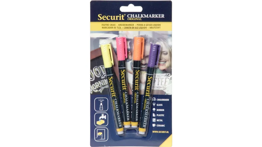 Securit Kreidemarker fein 4er-Set gelb, rosa, orange, violett