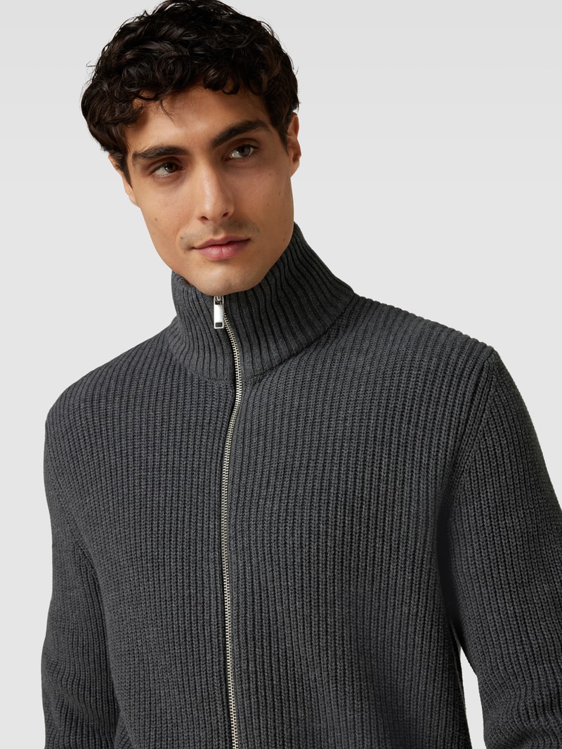 Strickjacke mit Stehkragen Modell 'MAIK' in dunkelgrau meliert