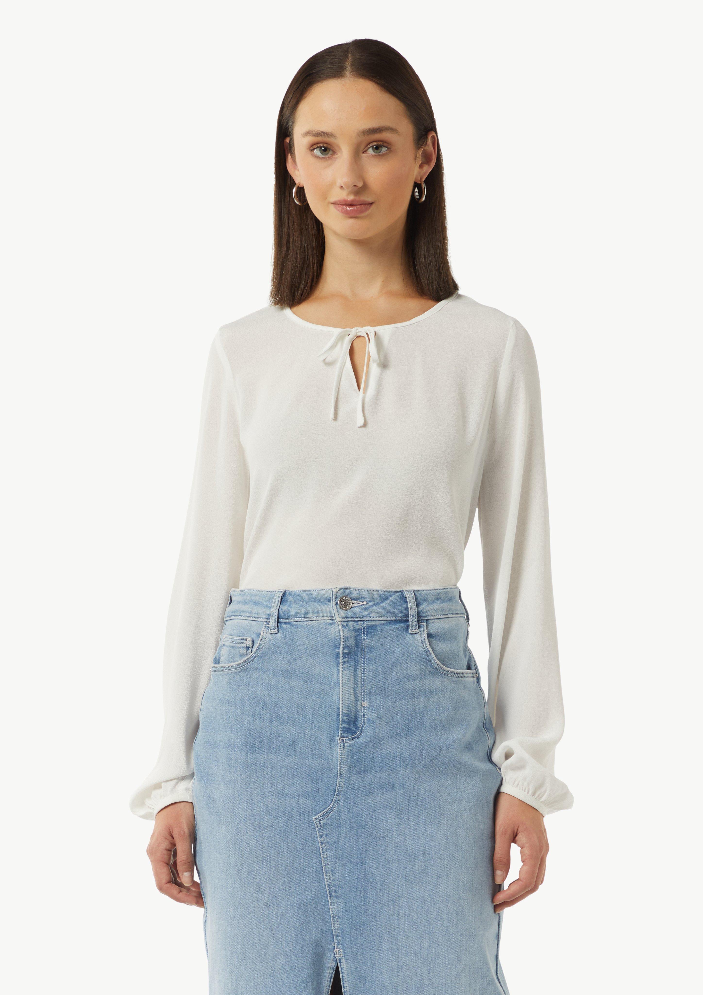 Viskose-Bluse mit Bindedetail am Ausschnitt - weiß