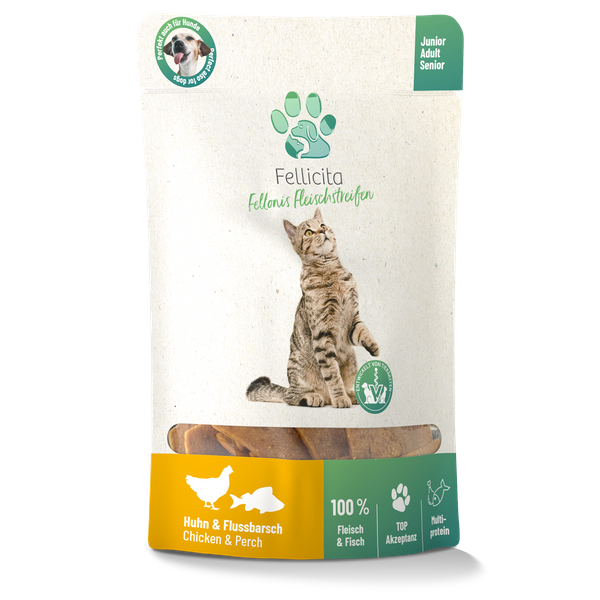 Fellicita Snacks Fellicita Huhn & Flussbarsch Fleischstreifen 8x 50g Fellonis Katzensnacks
