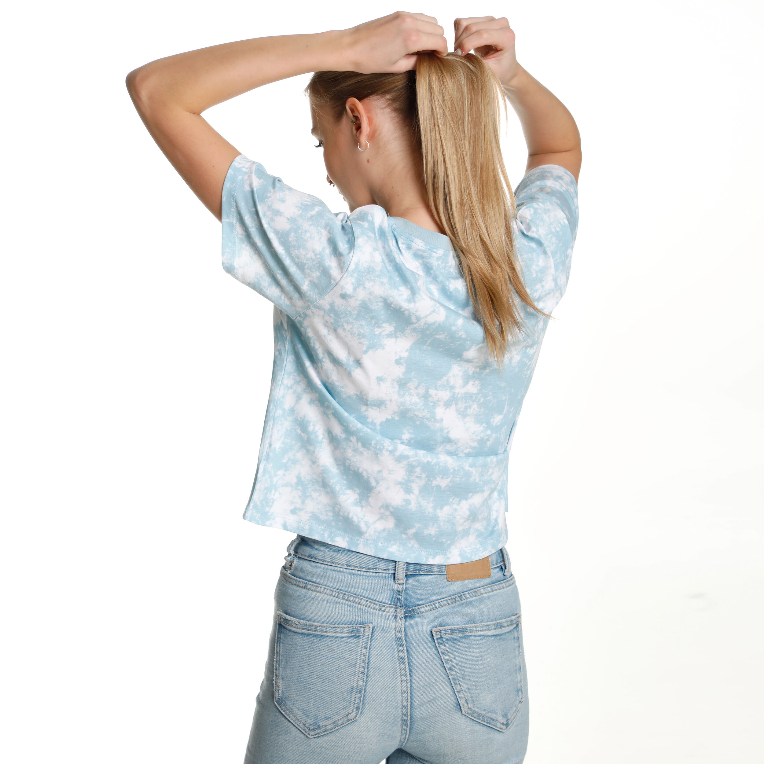 AO Tie Dye Cropped T-Shirt Damen - Hellblau, Weiß
