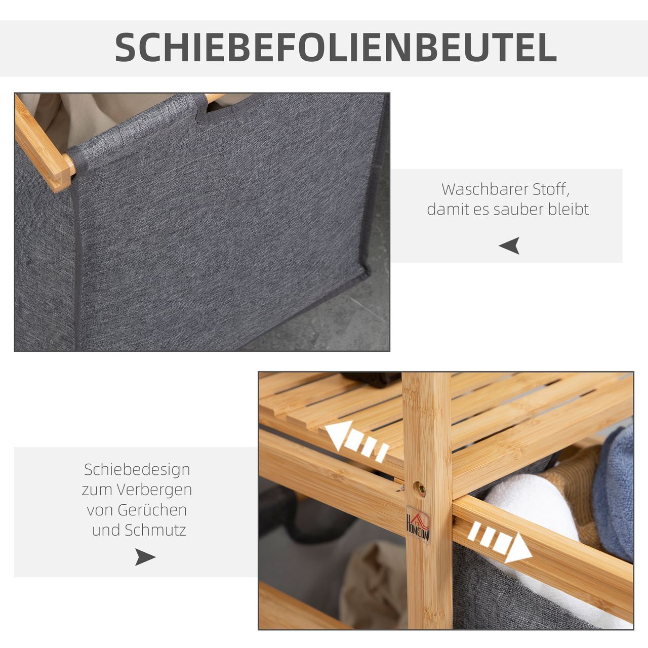 HOMCOM Wäschekorb Wäschebox mit 2 Stoffbeutel Wäschesack Wäschesammler mit Rollen Aufbewahrungskorb Bambus Naturholz Grau 42 x 35 x 84,5 cm