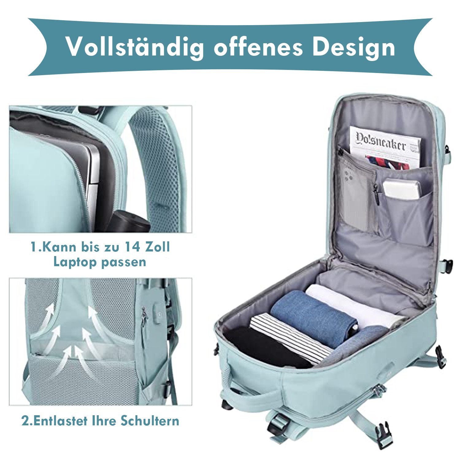 Vicbuy Reiserucksack 45L Supergroßer Handgepäck mit USB-Ladeanschluss, für 14 Zoll Laptop (mit Schulfach, Wasserdicht Wandern Outdoor-Sport Lässiger Tagesrucksack Schultasche), Rucksack Herren Damen Reiserucksack, Flugzeug genehmigt