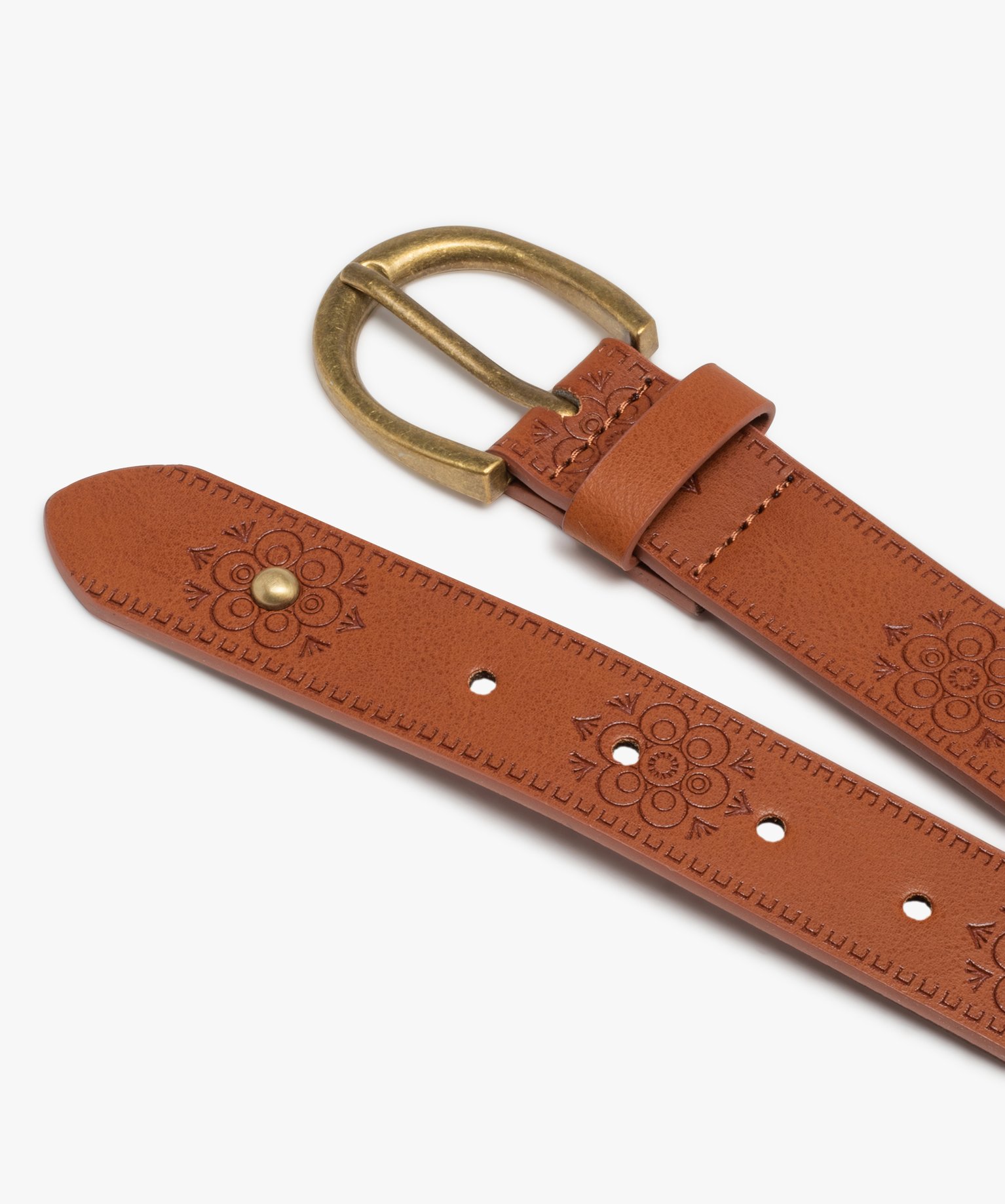 Ceinture gravée à clous métal doré femme marron | GEMO