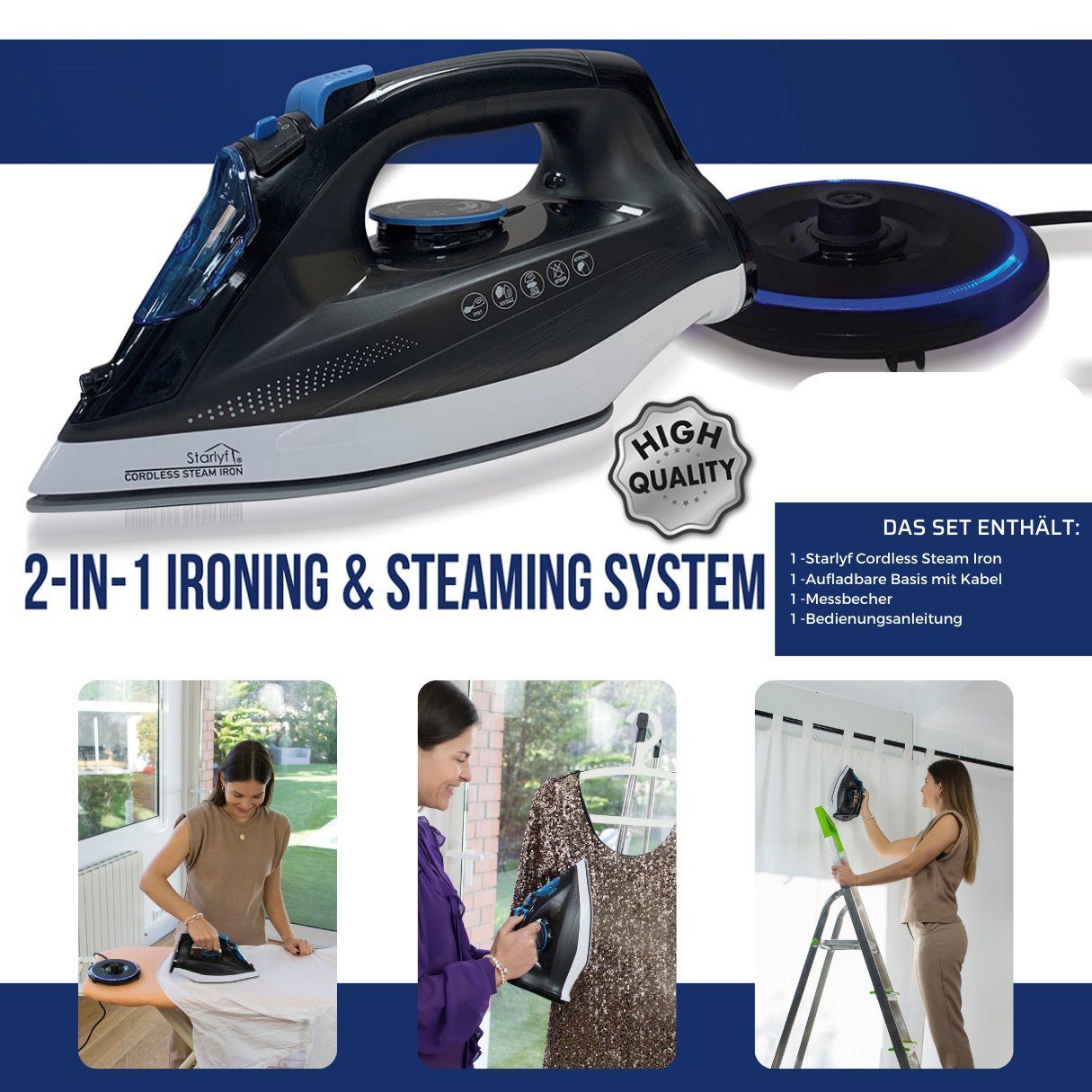Starlyf Dampfbügeleisen Cordless Steam Iron, 2400 W, kabelloses Bügeleisen, Sohle mit keramischer Antihaftbeschichtung