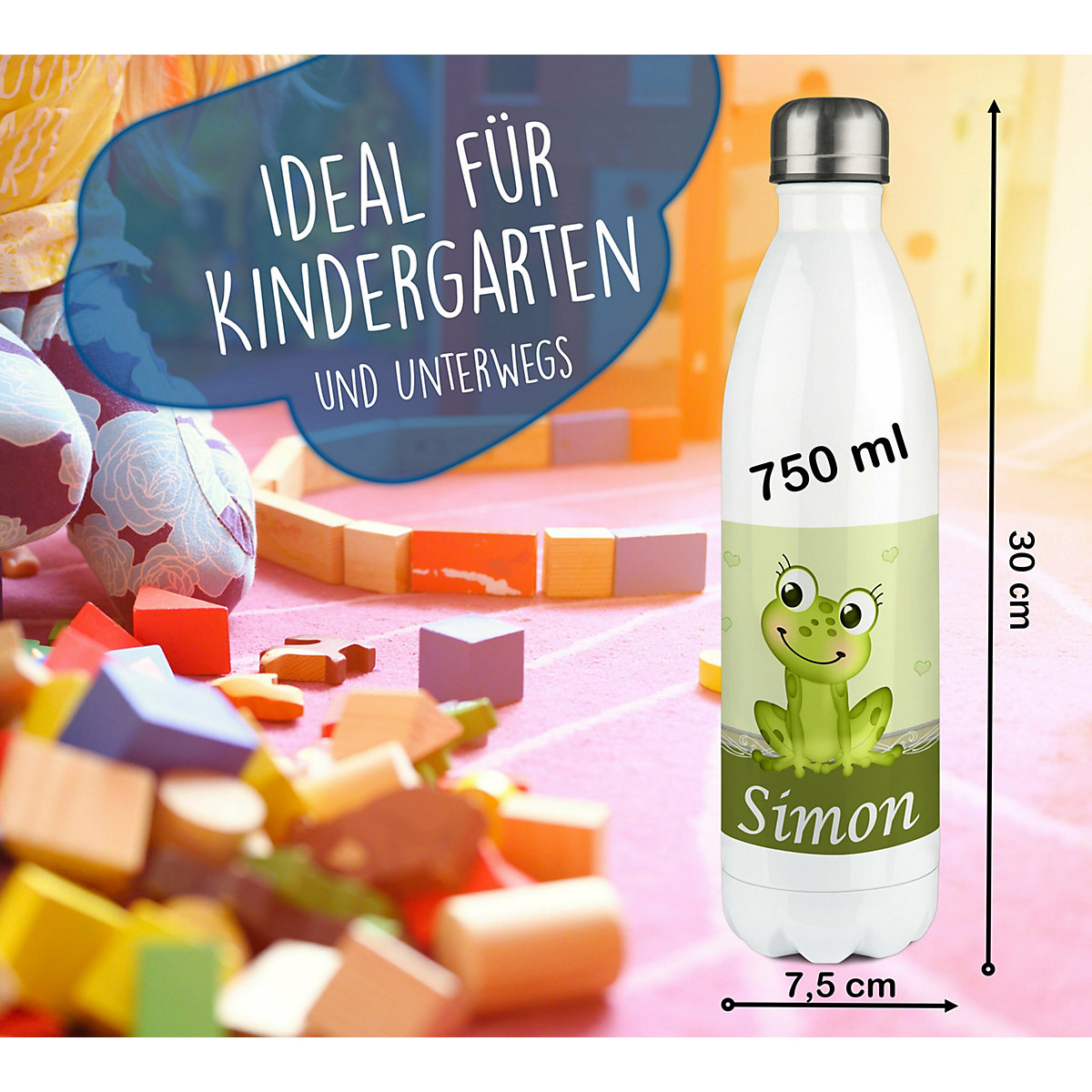 Edelstahl Kinder Thermoflasche / Trinkflasche bunt Frosch Spülmaschinenfest, Auslaufsicher, Bruchfest, Doppelwandig, Für Heißgetränke geeignet, Mit Deckel, Isoliert